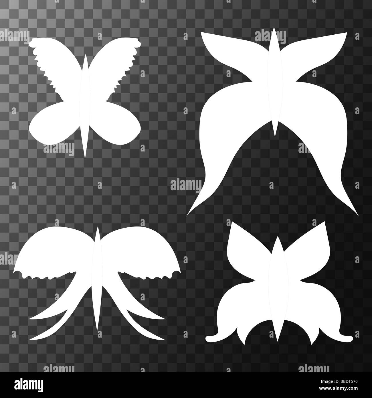 Set di silhouette a farfalla. Forme bianche su trasparente. Raccolta di insetti vettoriali. Illustrazione Vettoriale