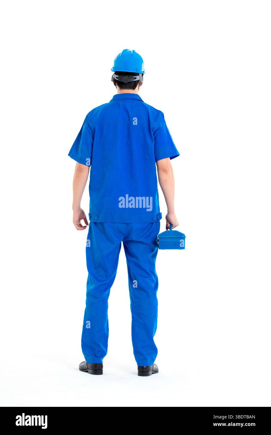Personale dell'assistenza post-vendita in abbigliamento da lavoro blu Foto Stock