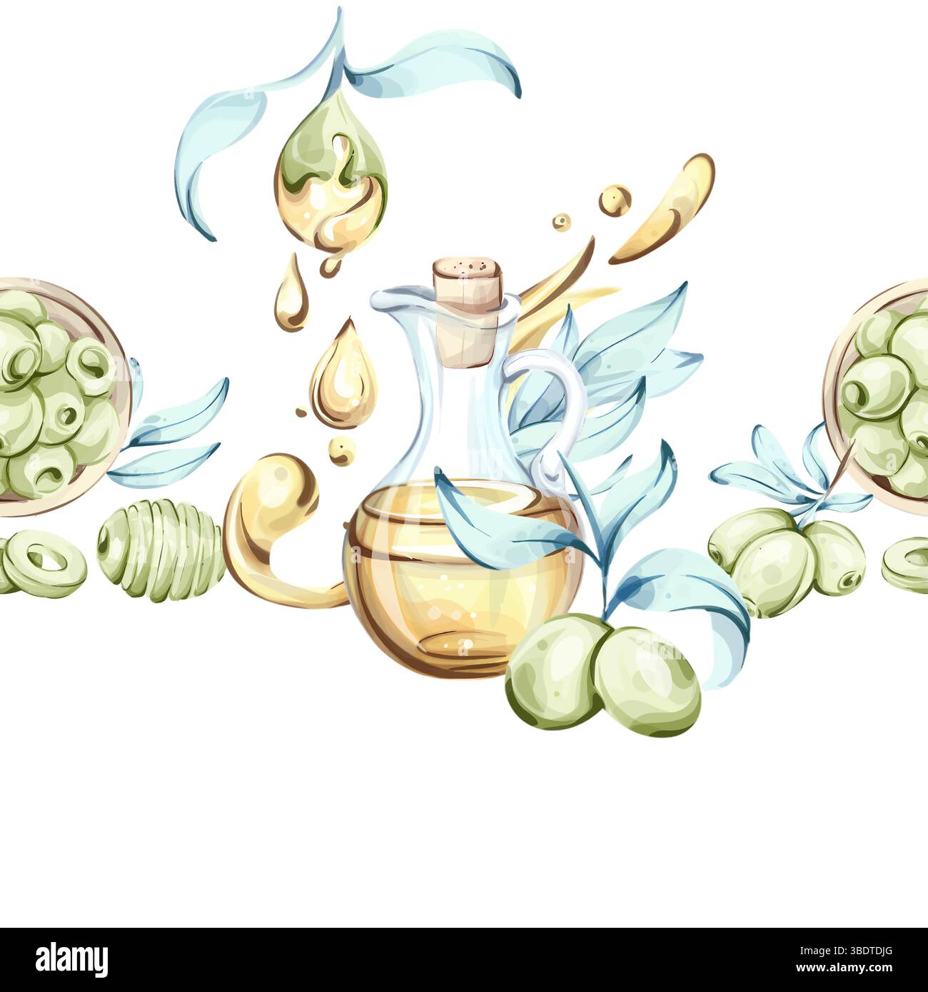 Composizione senza cuciture di olive e olio d'oliva con tecnica acquerello incorniciata dalla bellezza naturale della cucina italiana Illustrazione Vettoriale