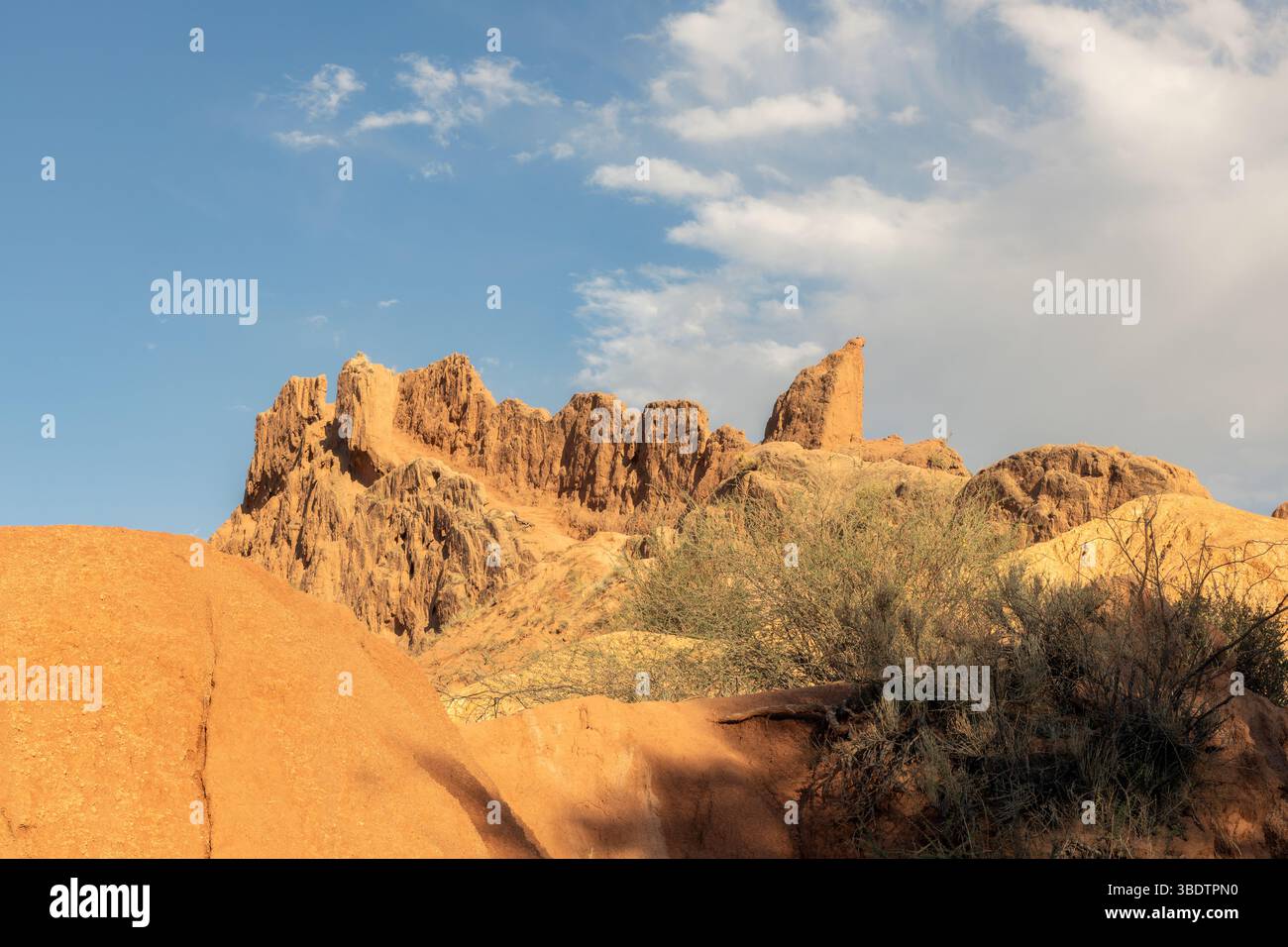 Panoramiche formazioni geologiche di arenaria rossa e paesaggio arido del canyon "Fairy tale" in Kirghizistan Foto Stock