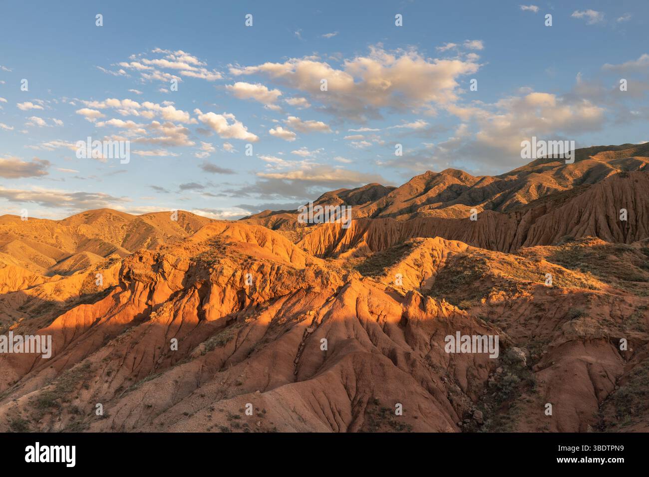 Panoramiche formazioni geologiche di arenaria rossa e paesaggio arido del canyon "Fairy tale" in Kirghizistan Foto Stock
