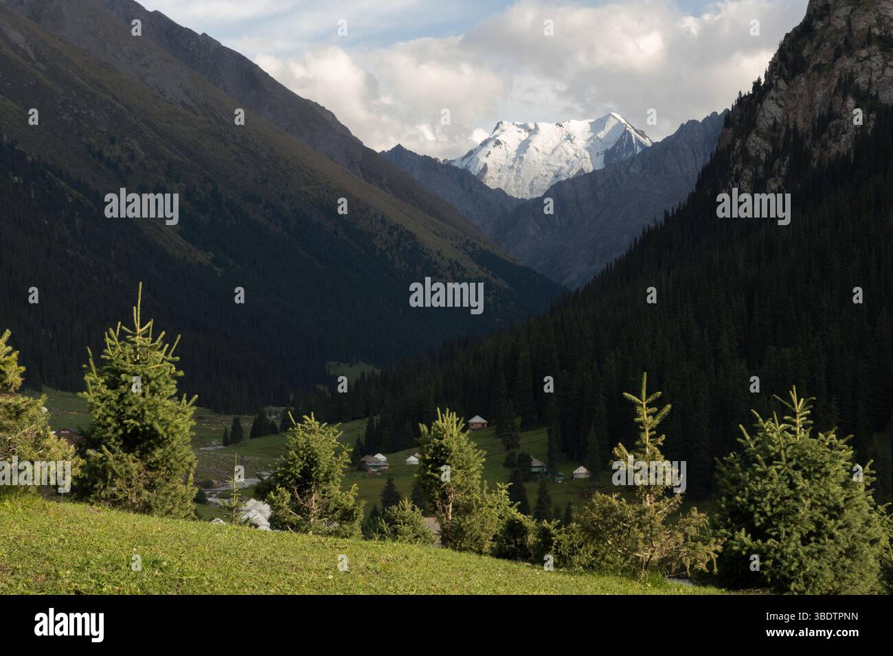 Vista panoramica della valle dell'Altyn Arashan e delle cime innevate della catena montuosa del Tien Shan in Kirghizistan Foto Stock