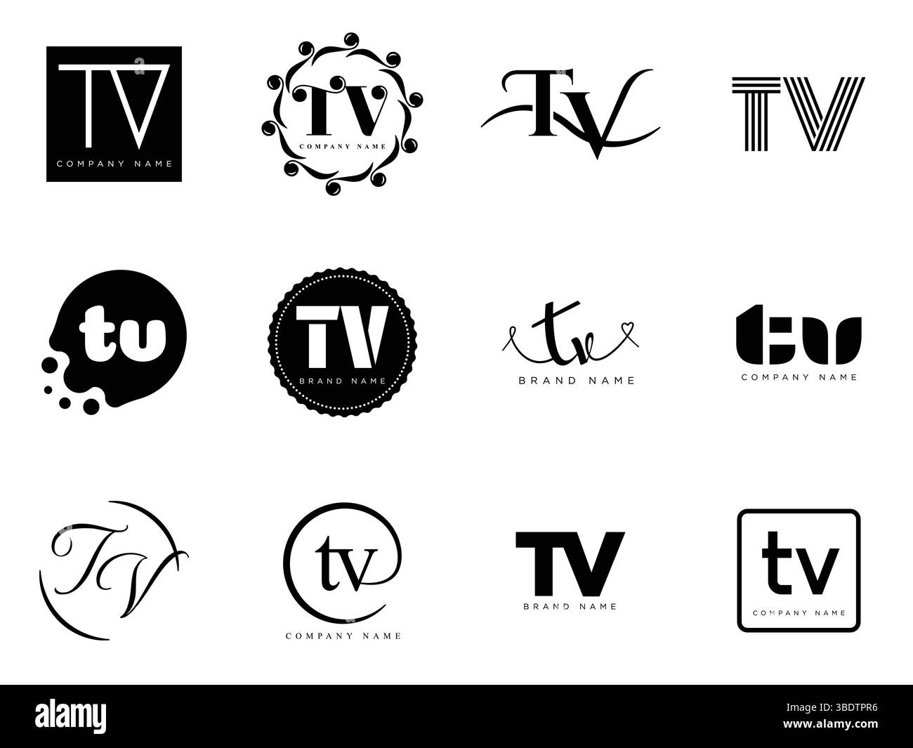 Modello aziendale del logo TV. Logotipo lettera t e V. Imposta diverse lettere serif classiche e testo moderno in grassetto con elementi di design. Tipog font iniziale Illustrazione Vettoriale
