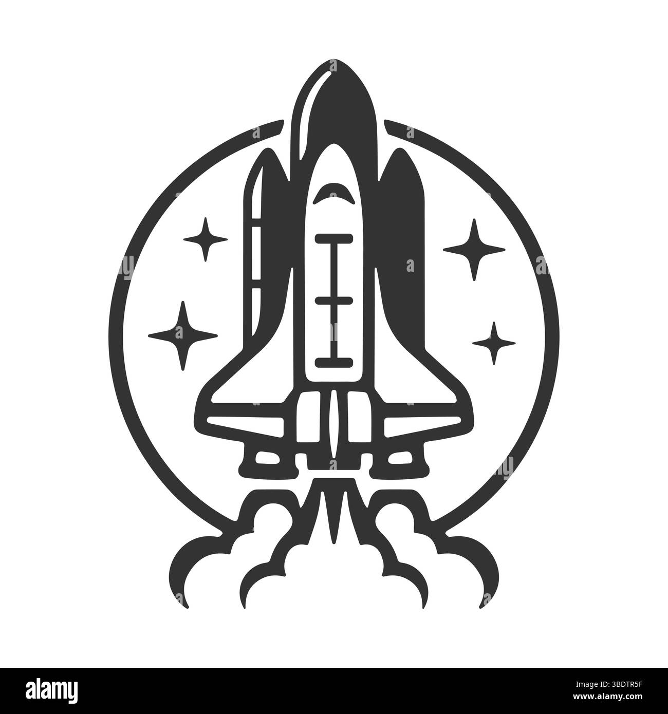 Icona del logo di lancio dello Space Shuttle. Decolla. Simbolo della tecnologia aerospaziale. Nave a razzo. Sollevare. Immagine di illustrazione vettoriale. Isolato sullo sfondo. Illustrazione Vettoriale