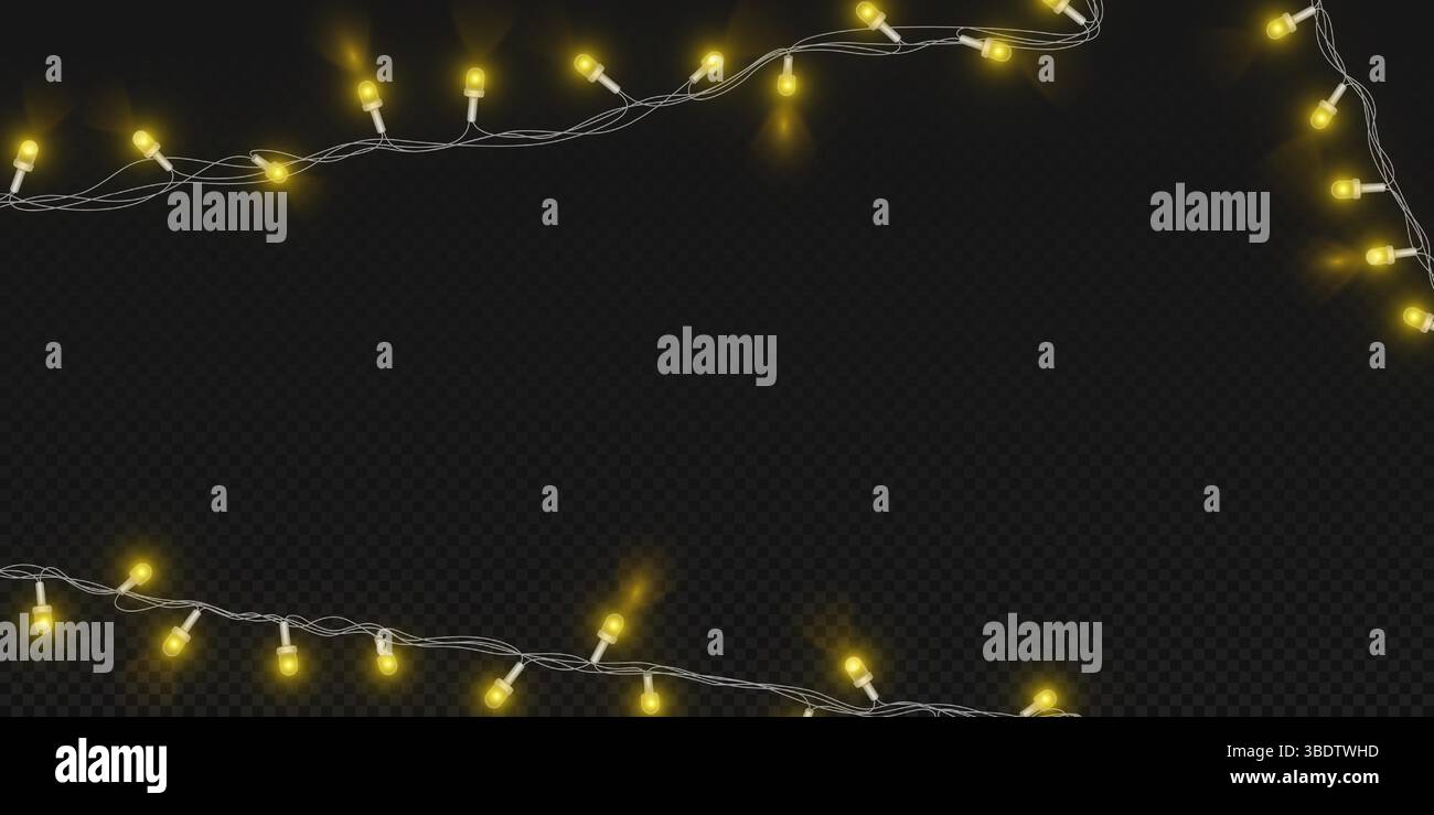 Fata incandescente cordoncino di ghirlande - lampadine calde dorate illuminate sul filo. Catena luminosa decorativa per le feste, decorazioni luminose per le feste. Scintillanti lampade elettriche che pendono sul cavo durante le festività. Illustrazione Vettoriale