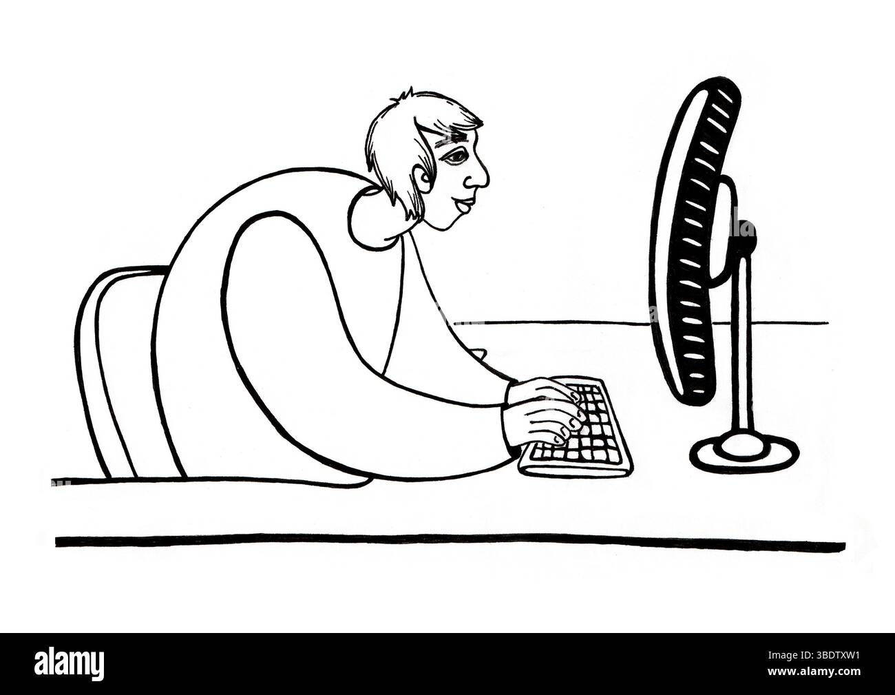 Uomo che lavora al computer. Giovanotto, di profilo, guardando il monitor, mani sulla tastiera. Processo di lavoro, ufficio, lavoro da casa. Art. Linea. Illustrazione stilizzata con contorno nero. Sfondo bianco. Foto Stock