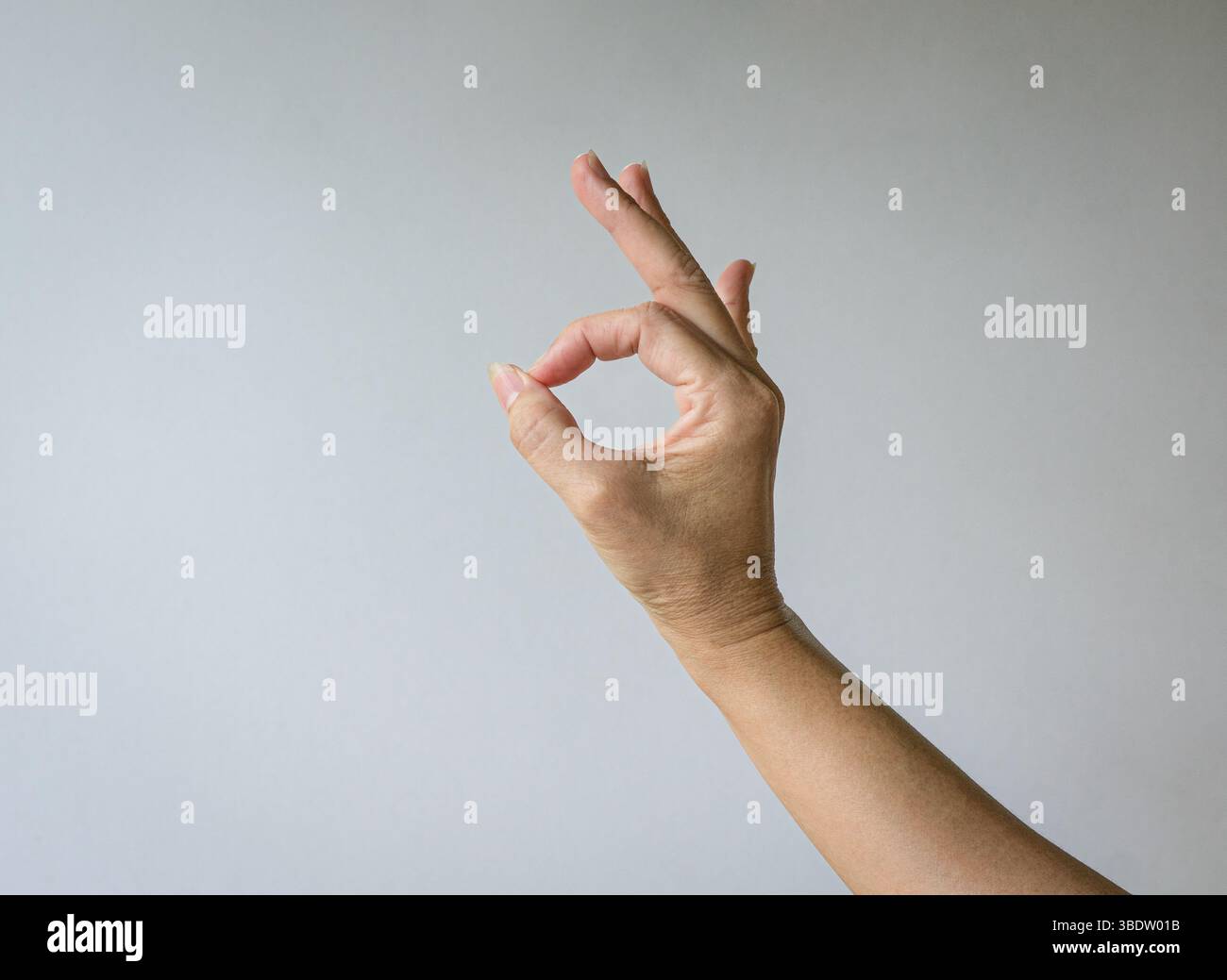 Mano femminile con gesto OK. Isolato su sfondo bianco. Foto Stock