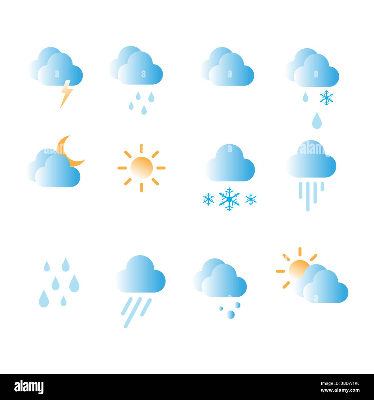 Icone meteo impostate su sfondo bianco per le app di progettazione delle previsioni. Illustrazione vettoriale di stile moderno e piatto. Illustrazione Vettoriale