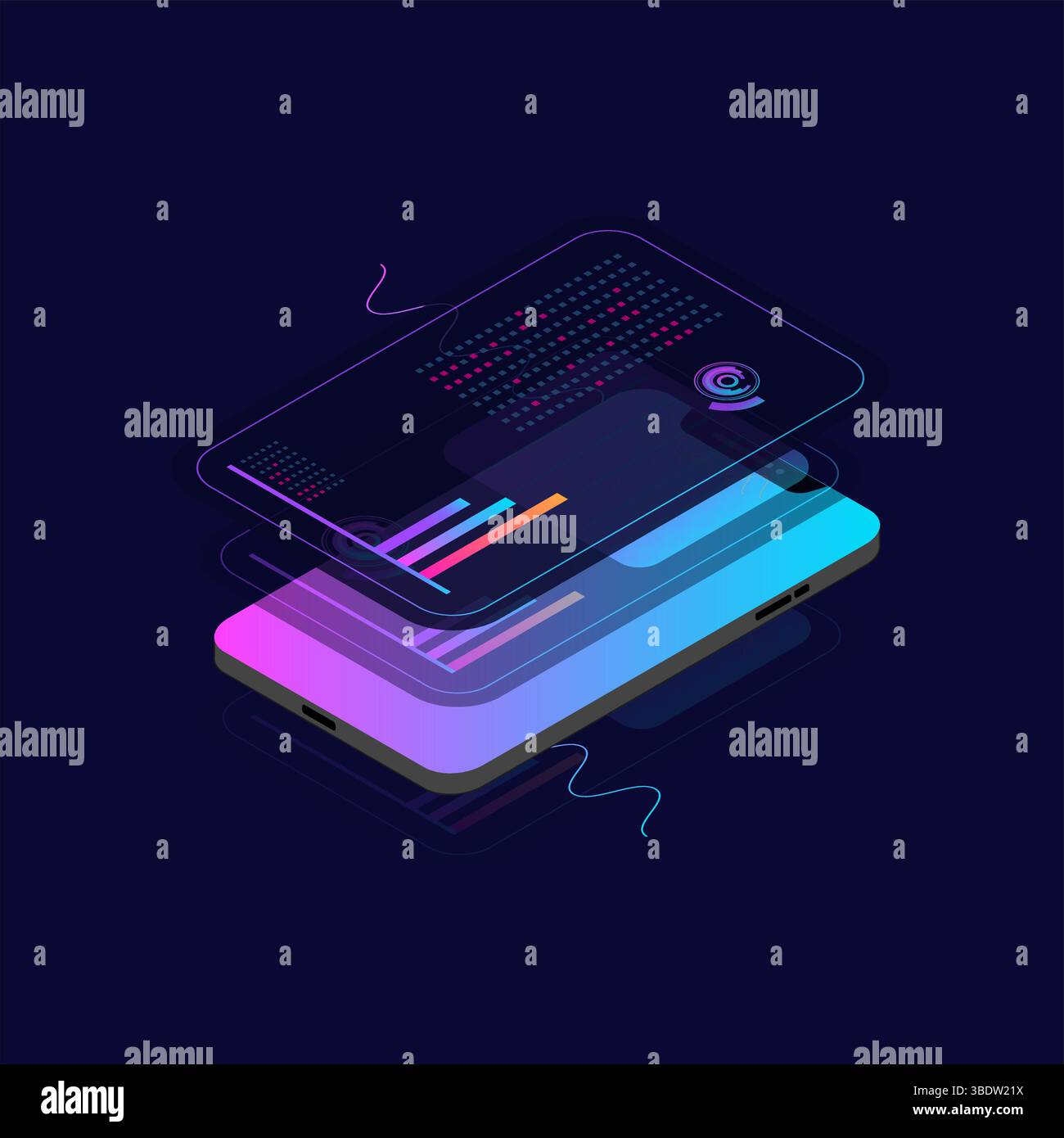Telefono cellulare con statistiche online e analisi dei dati. Mercato monetario digitale, investimenti, finanza e commercio. Ideale per Web design, banner e. Illustrazione Vettoriale