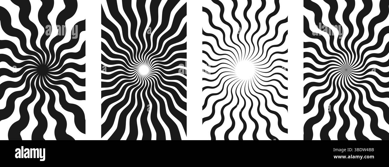 Sfondo dei raggi solari. Raggi ondulati in stile gotico. Poster abstract Sun burst. Consistenza psichedelica. design anni '70, '80. Linee d'onda radiali. Vettore Illustrazione Vettoriale