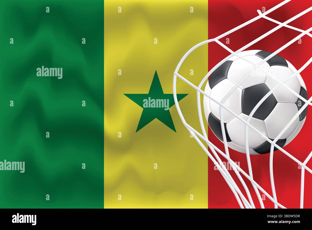 Bandiera Senegal 3D modificabile con calcio e rete. Perfetto per post sportivi, promozioni per il giorno delle partite, grafica della Coppa del mondo. Ideale per banner e annunci. Illustrazione Vettoriale