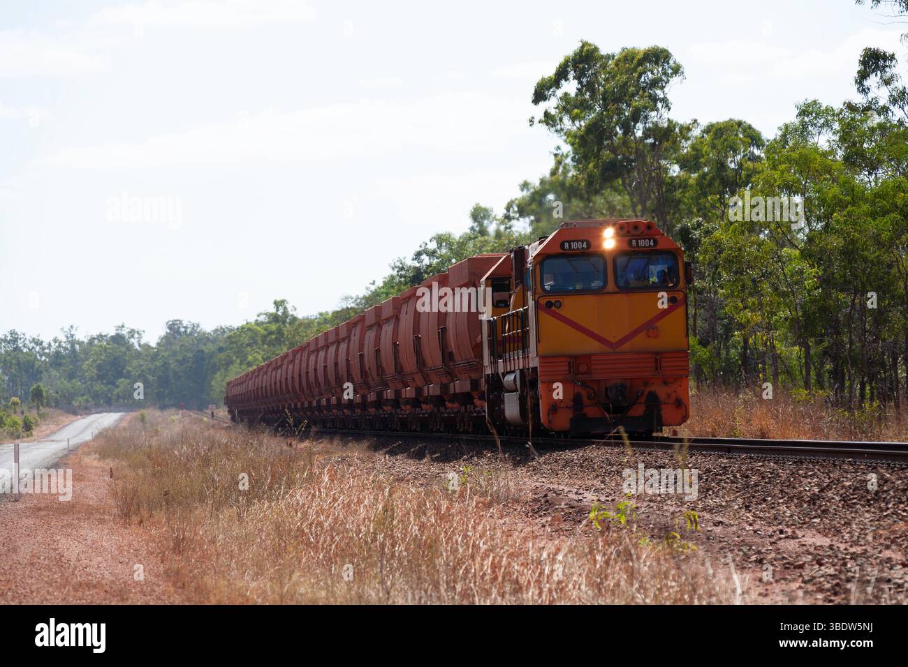 treno di minerali di ferro numero r1004 che trasporta merci attraverso l'ambiente naturale circostante le miniere di bauxite di rio tinto materiali sfusi comalco weipa queensland australi Foto Stock