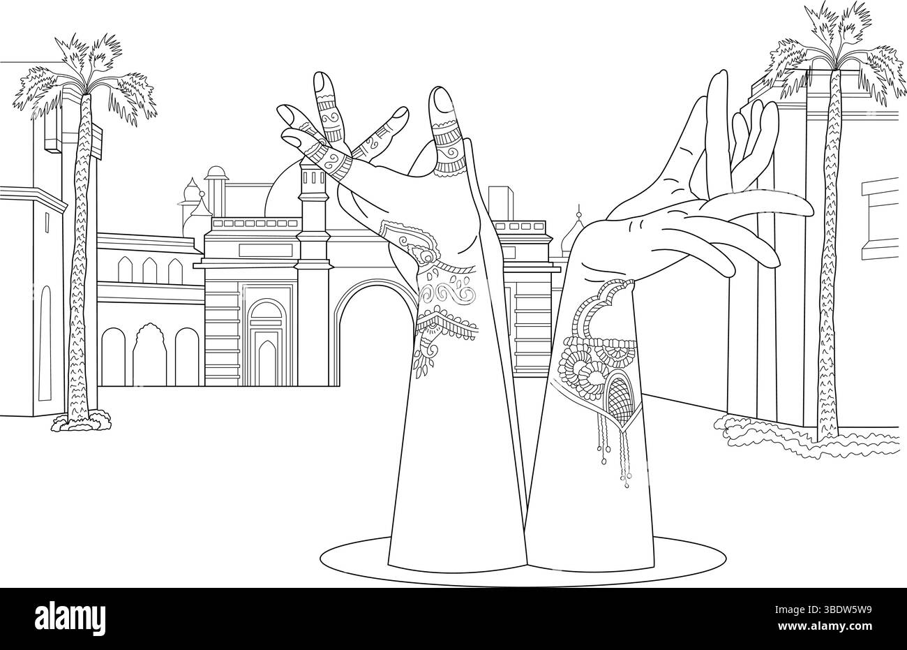 Illustrazione di line art raffigurante le tradizionali mani di danza indiane adornate con intricati motivi all'henné, adagiate su uno sfondo ispirato all'architetto Illustrazione Vettoriale