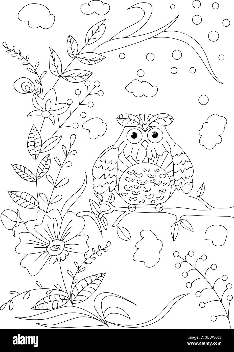Semplice illustrazione in bianco e nero di una graziosa civetta arroccata su un ramo, circondata da fiori decorativi, foglie e nuvole. Perfetto per Colo Illustrazione Vettoriale
