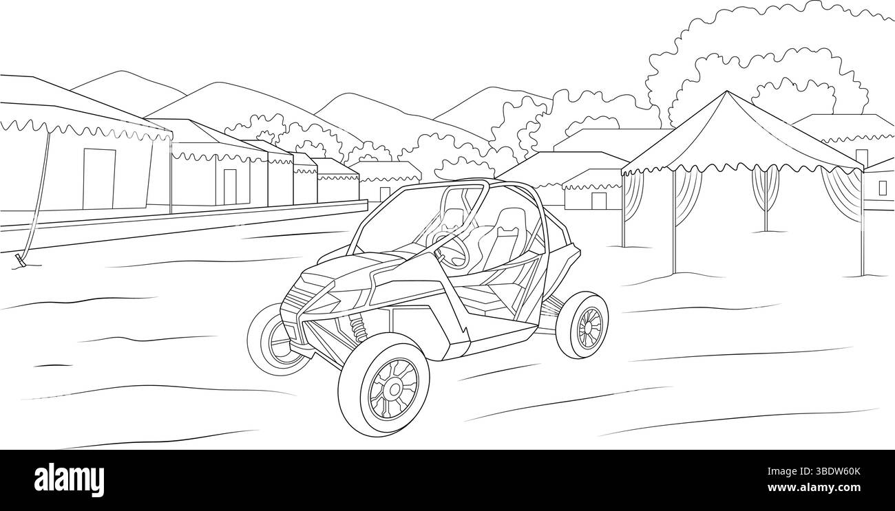 Illustrazione in bianco e nero di un dune buggy parcheggiato in un campo desertico con tende e montagne sullo sfondo, che riflettono il popolare touri Illustrazione Vettoriale