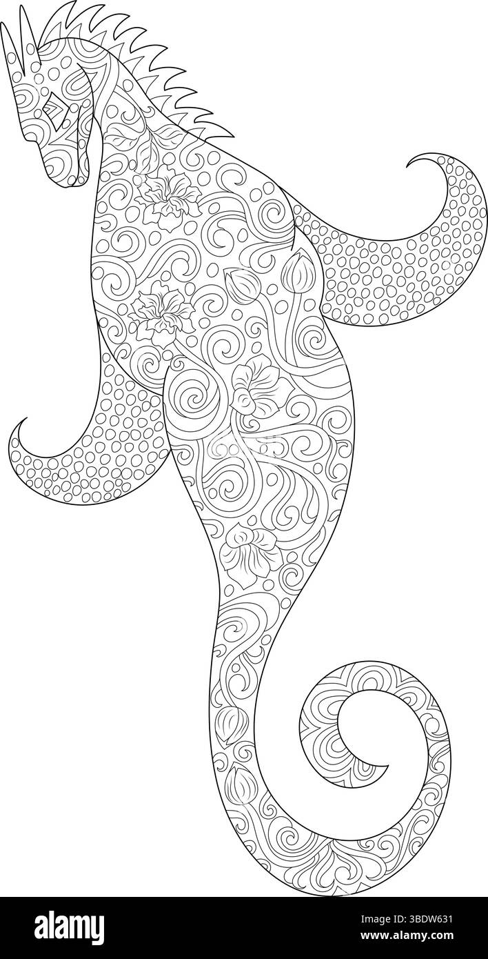 Illustrazione line art di una creatura stilizzata simile a un cavalluccio marino o a un drago marino, piena di intricati motivi, vortici, elementi floreali e geometr Illustrazione Vettoriale