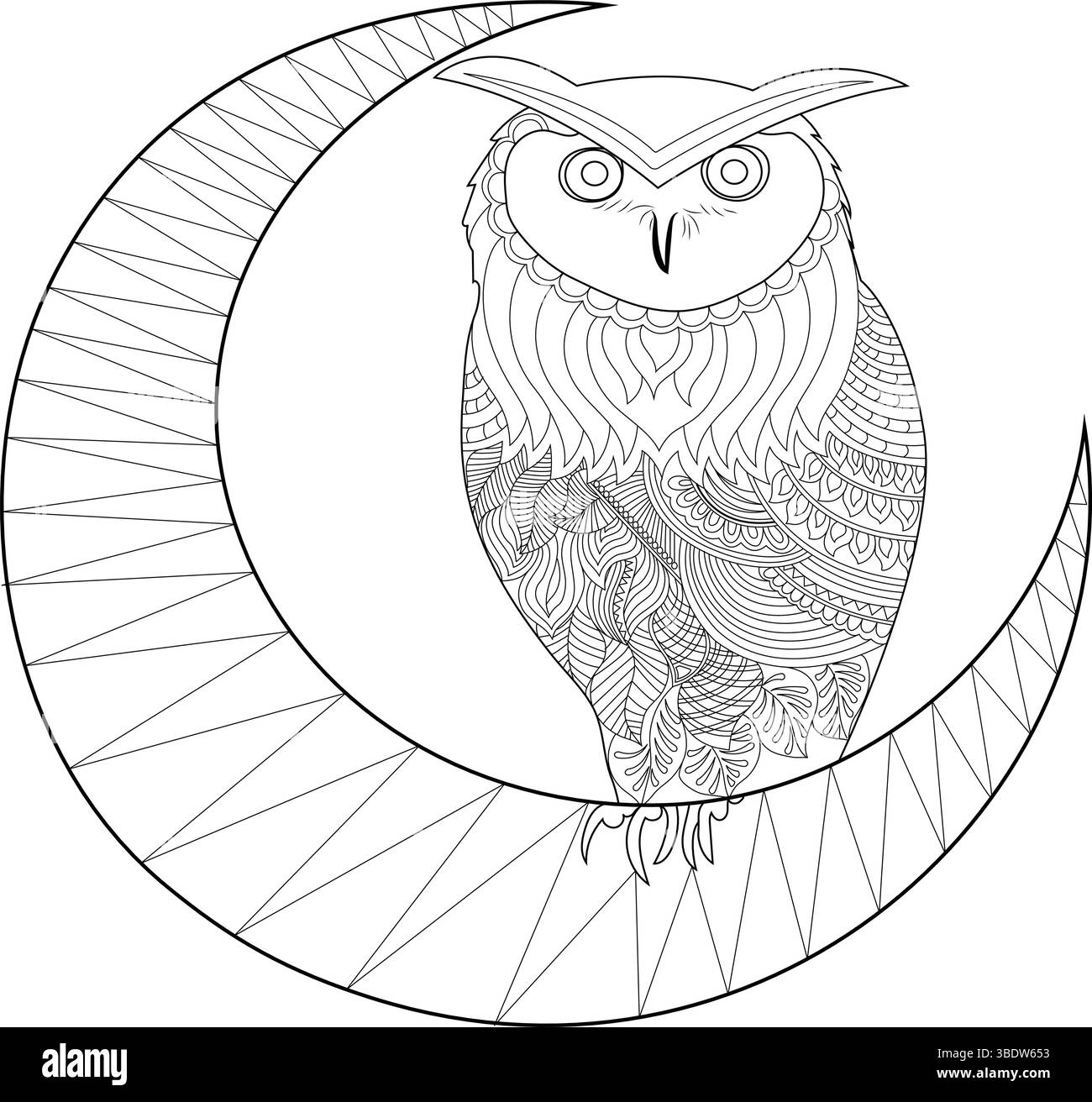 Un'intricata illustrazione a linee bianche e nere di un dettagliato gufo di doodle arroccato su una luna crescente con motivi geometrici. La grafica presenta la funzione z Illustrazione Vettoriale