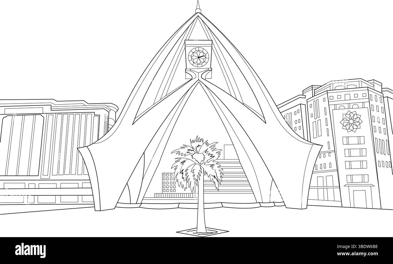 Illustrazione in line art dell'iconica Torre dell'Orologio Deira a Dubai, Emirati Arabi Uniti, con edifici circostanti e una palma. Perfetto come co Illustrazione Vettoriale