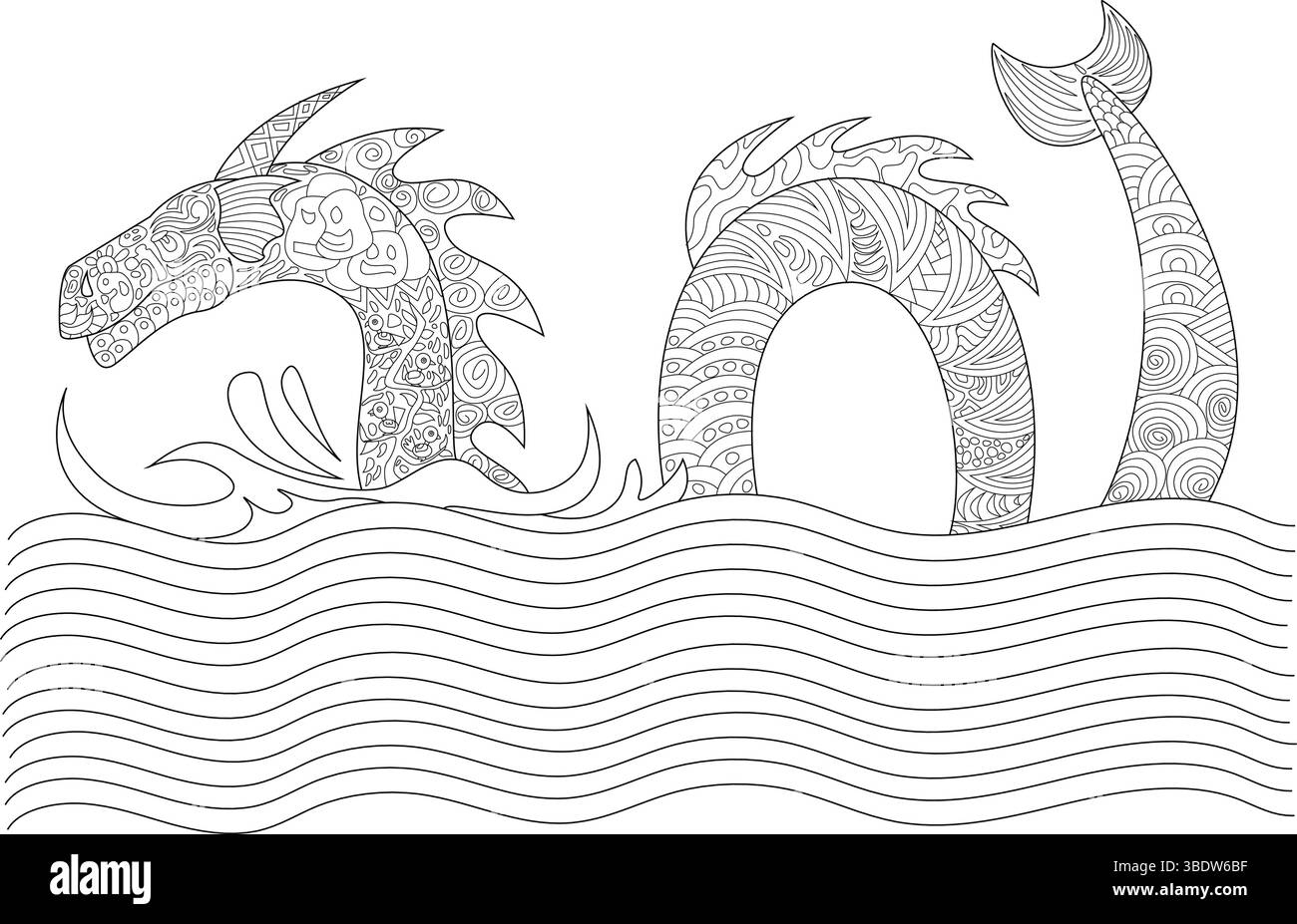 Intricata illustrazione in linea di un fantastico drago o serpente marino che emerge dalle onde, riprodotta in un dettagliato stile doodle di Zentangle. Ideale per c Illustrazione Vettoriale