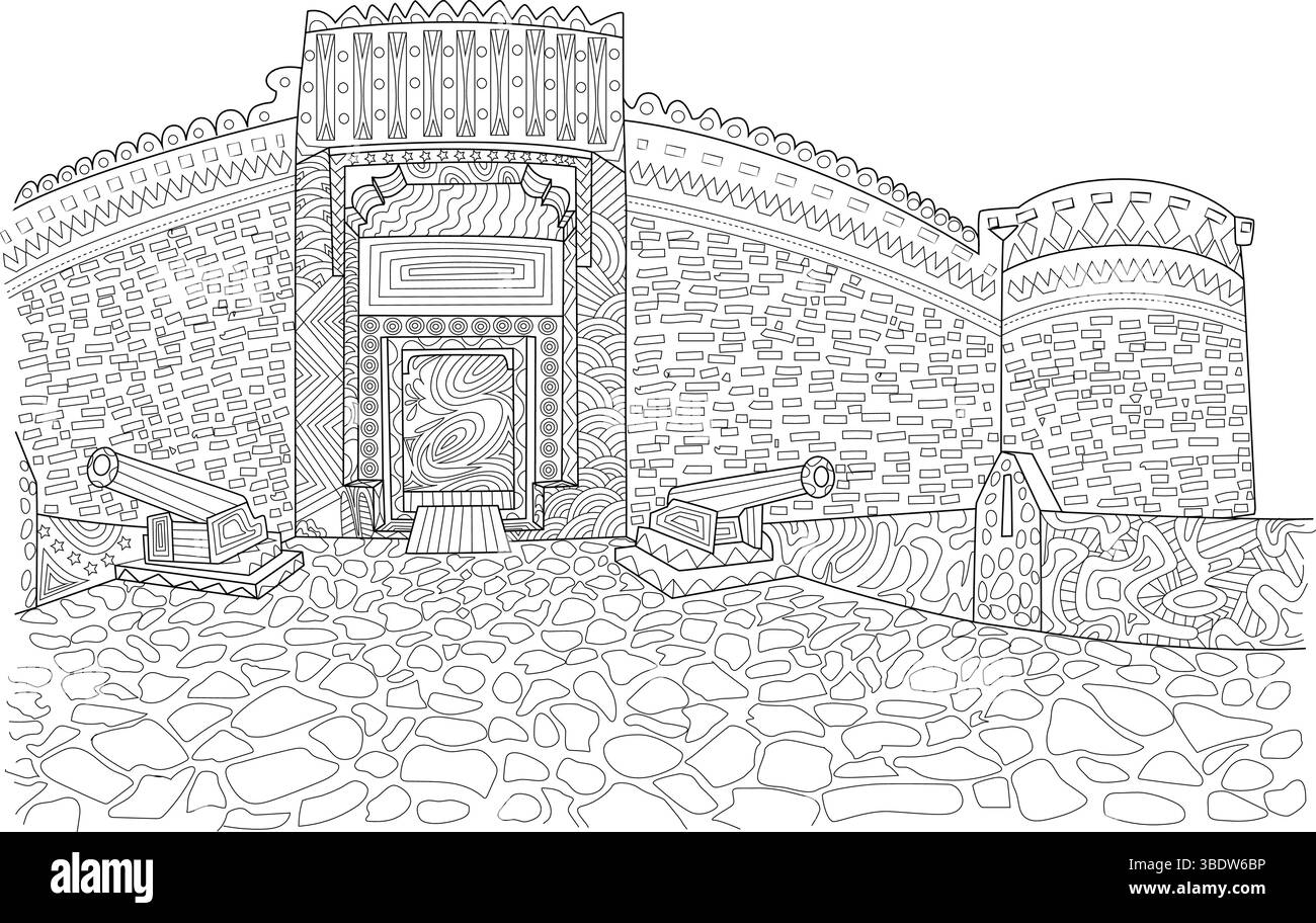 Intricata illustrazione in bianco e nero dell'ingresso al Museo di Dubai (forte al Fahidi) a Dubai, Emirati Arabi Uniti. Presenta un'architettura tradizionale, Illustrazione Vettoriale