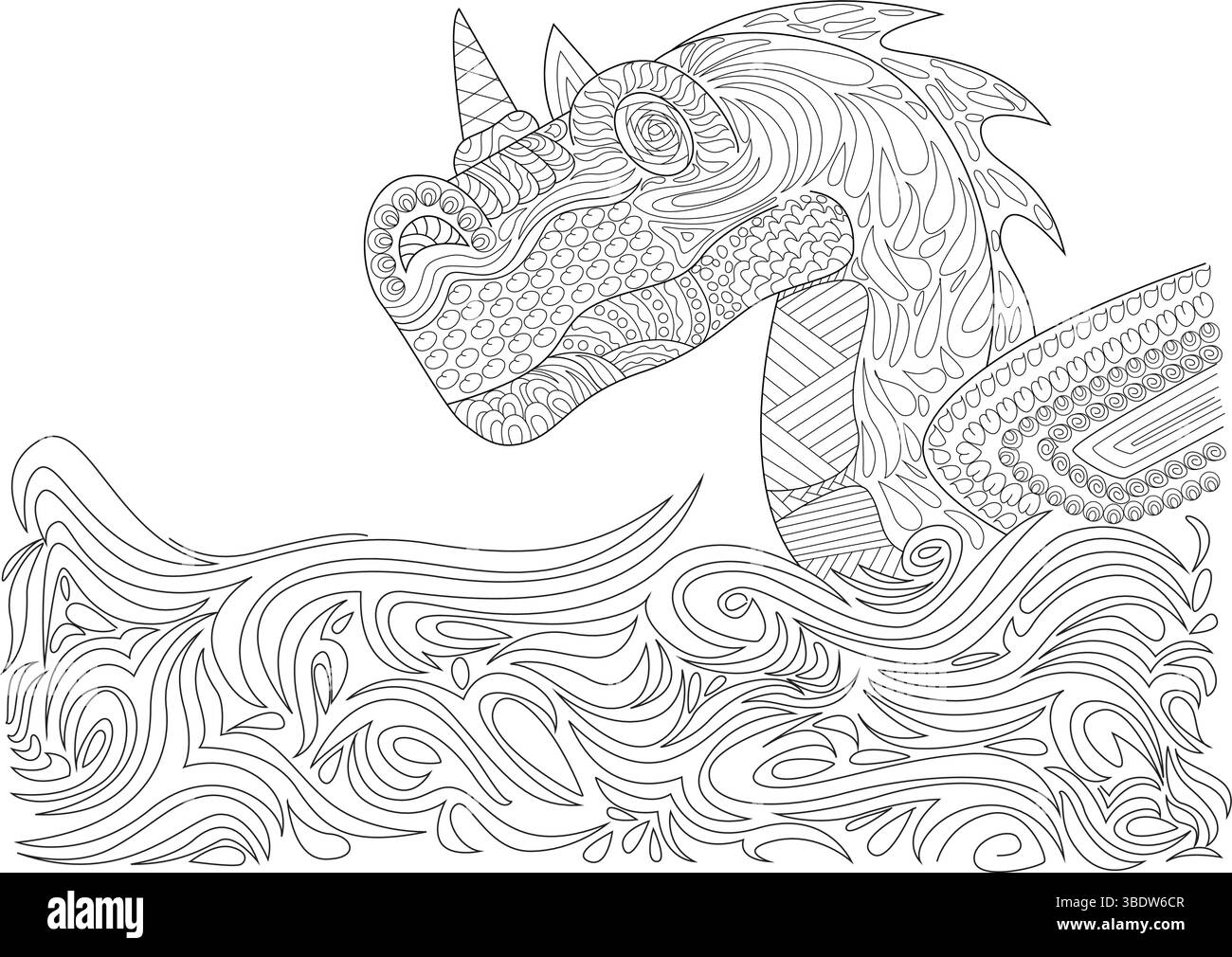 Illustrazioni dettagliate in bianco e nero di una mitica testa di drago con motivi ornati, che sorgono da onde astratte stilizzate. Progettato in un Illustrazione Vettoriale