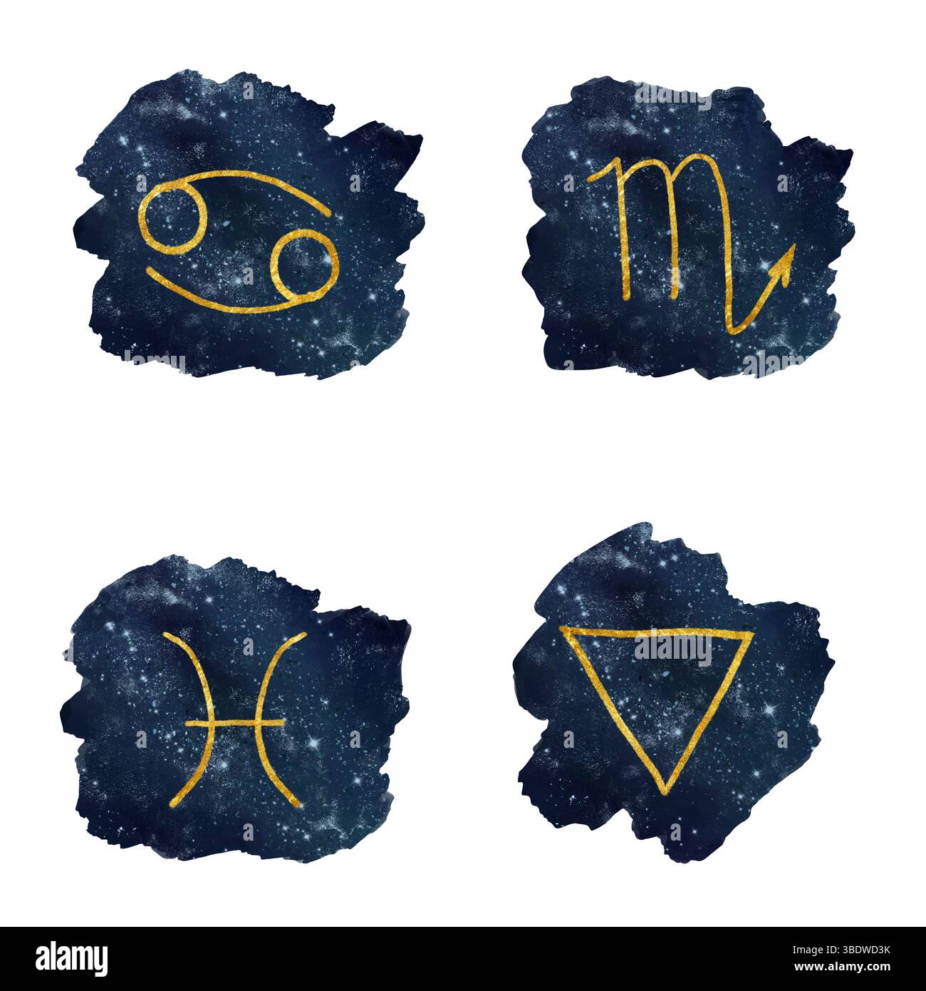 Segni zodiacali astrologici nel cielo stellato. Illustrazione acquerello. Una serie di cancro, scorpione, pesci, isolati su sfondo bianco. Argomento come Foto Stock