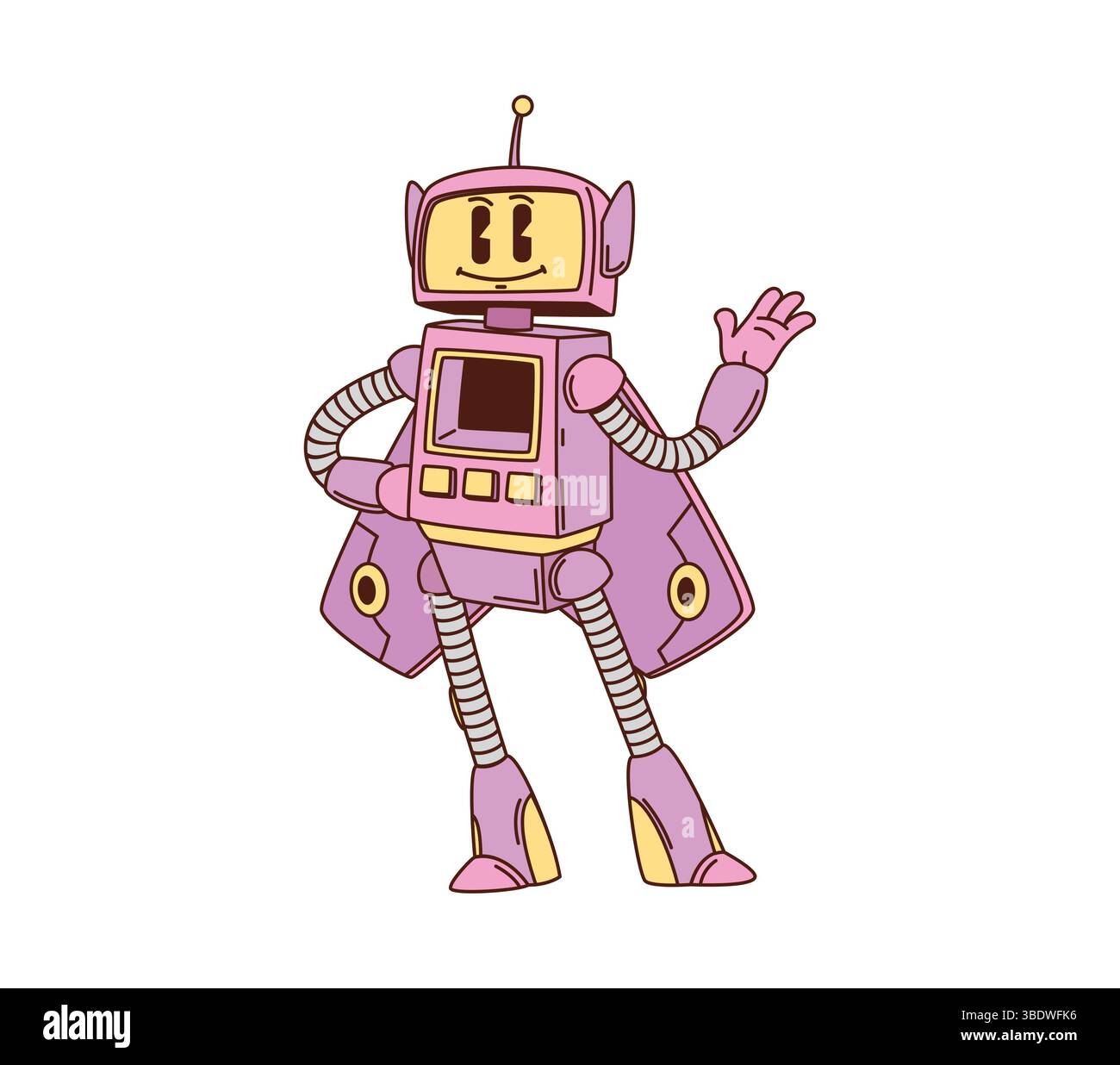 Cartoni animati divertente robot Groovy o personaggio droide della donna robotica cyborg, trasformatore vettoriale. Robot da donna o droide da ragazza con mantello robotico rosa sui tacchi per un eccentrico cyborg retrò o un androide futuristico Illustrazione Vettoriale