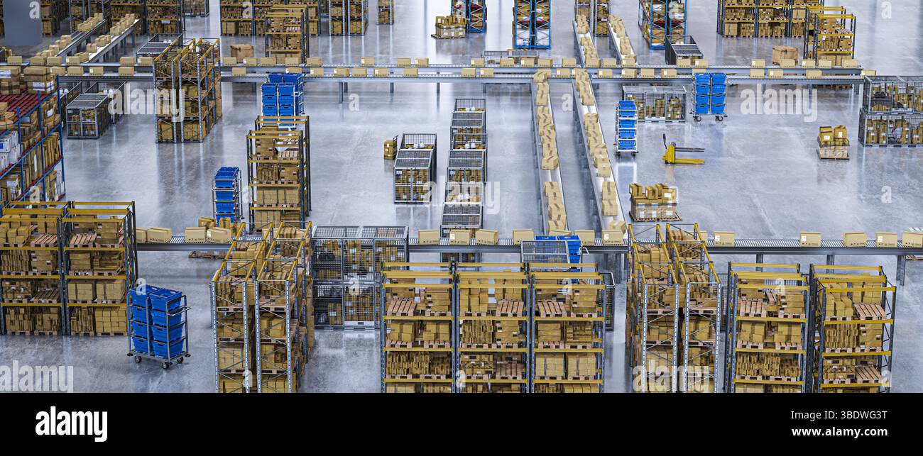 Nastro trasportatore che trasporta scatole di cartone magazzino di distribuzione 3d. Foto Stock