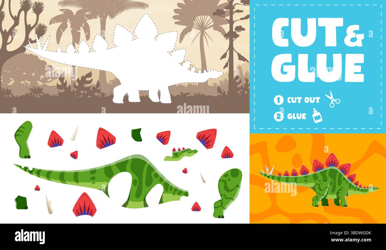 Taglia e incolla il gioco per bambini con dinosauro preistorico nella foresta della giungla, foglio di lavoro vettoriale. Taglia e incolla il quiz puzzle con parti separate del gioco di attività didattica per bambini dello stegosaurus dino animaletto Illustrazione Vettoriale