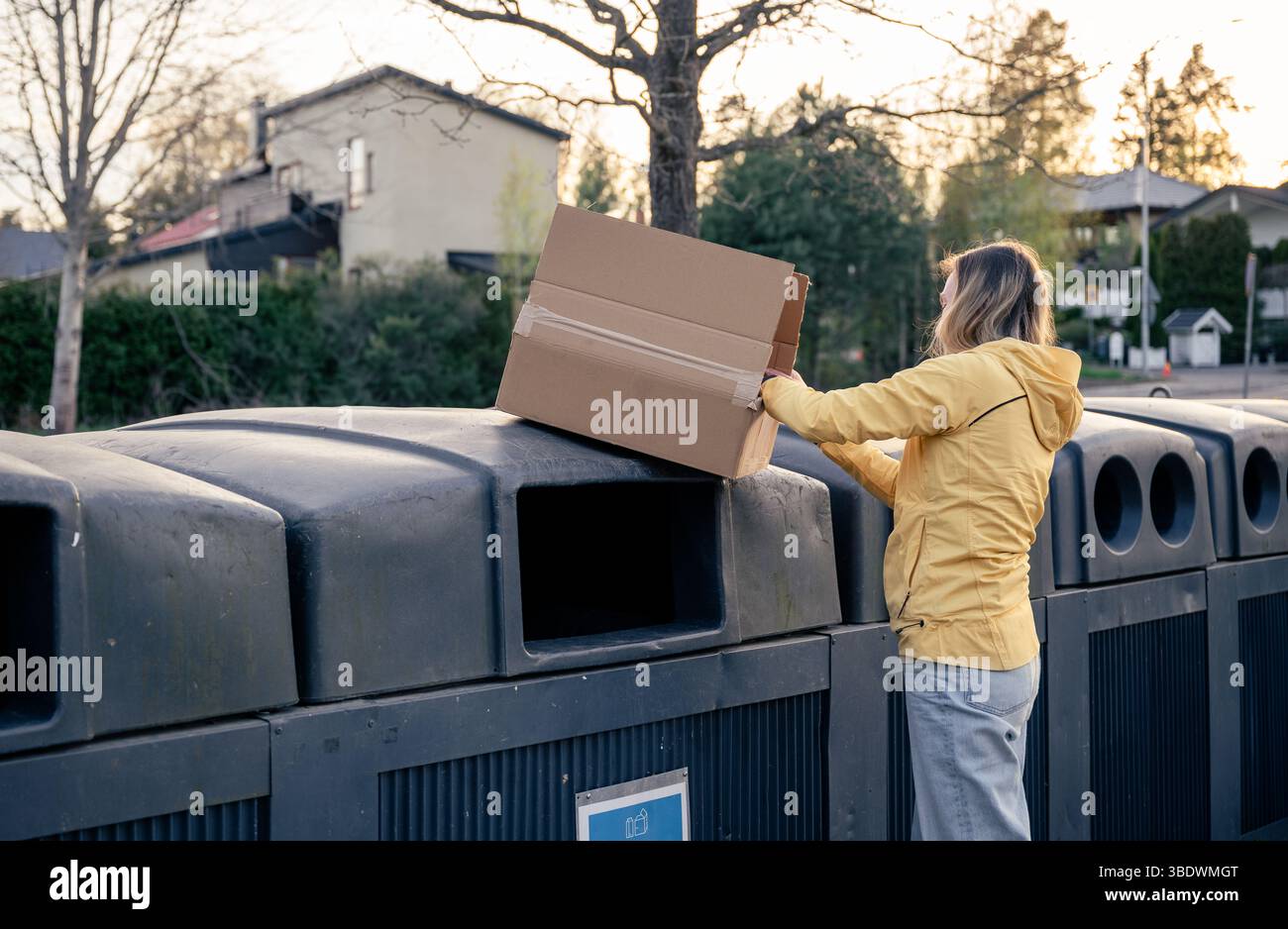la donna mette i rifiuti di cartone in contenitori per riciclaggio all'aperto Foto Stock