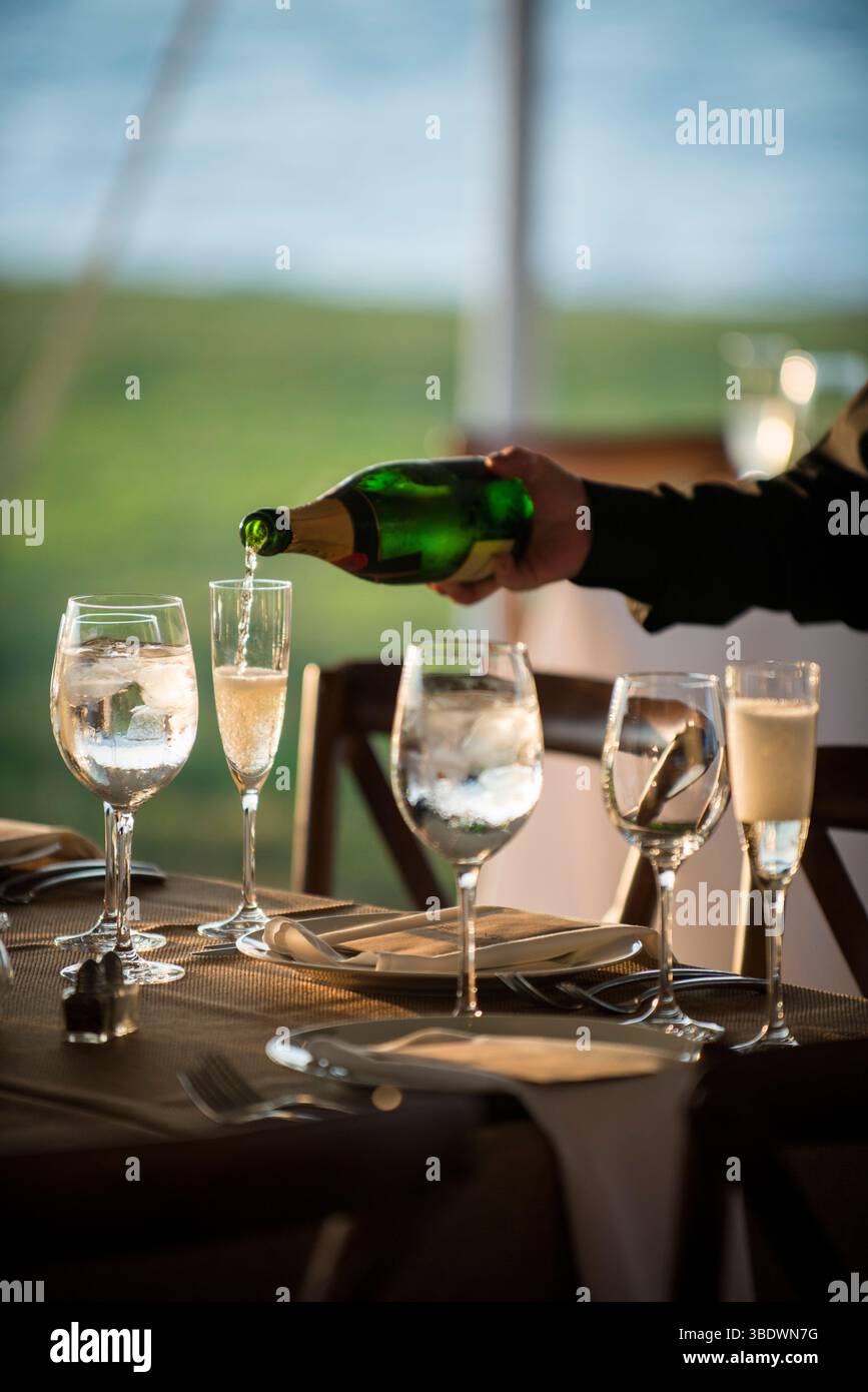 Champagne versato in un'elegante cena all'aperto Foto Stock