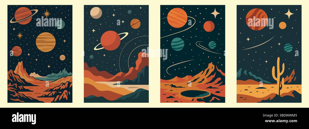 Poster spaziali Vectical Vintage colorati . Paesaggi extraterrestri, pianeti, asteroidi, Luna, Craters Space Illustration Set. Illustrazione Vettoriale