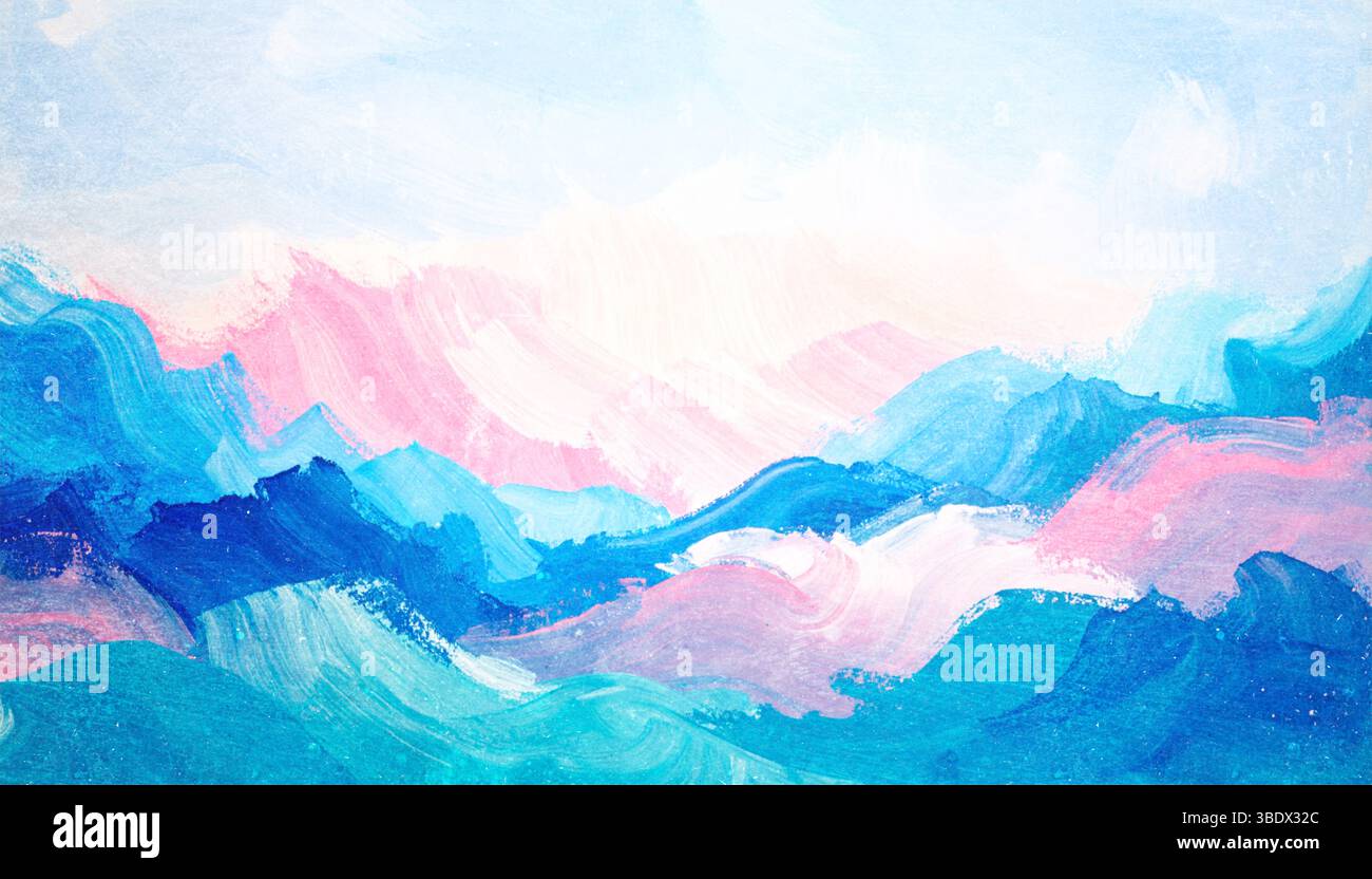 Un dipinto astratto ad acquerello caratterizzato da vivaci sfumature blu, rosa e pastello che si mescolano in forme ondulate, evocando un atmos sereno e sognante Foto Stock