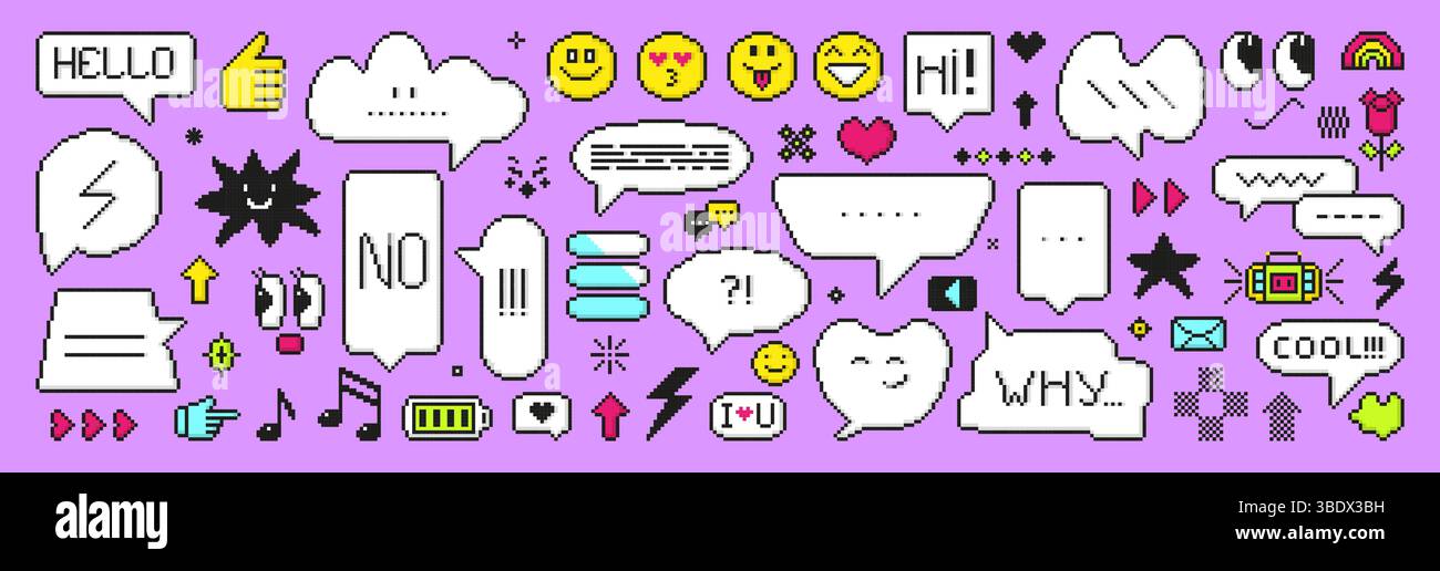 Elementi in stile pixel art anni '90. Diverse bolle di comunicazione, messaggi e segnali di comunicazione. Dialogo chat forme a 8 bit, volti, cuori, vettore neoterico Illustrazione Vettoriale