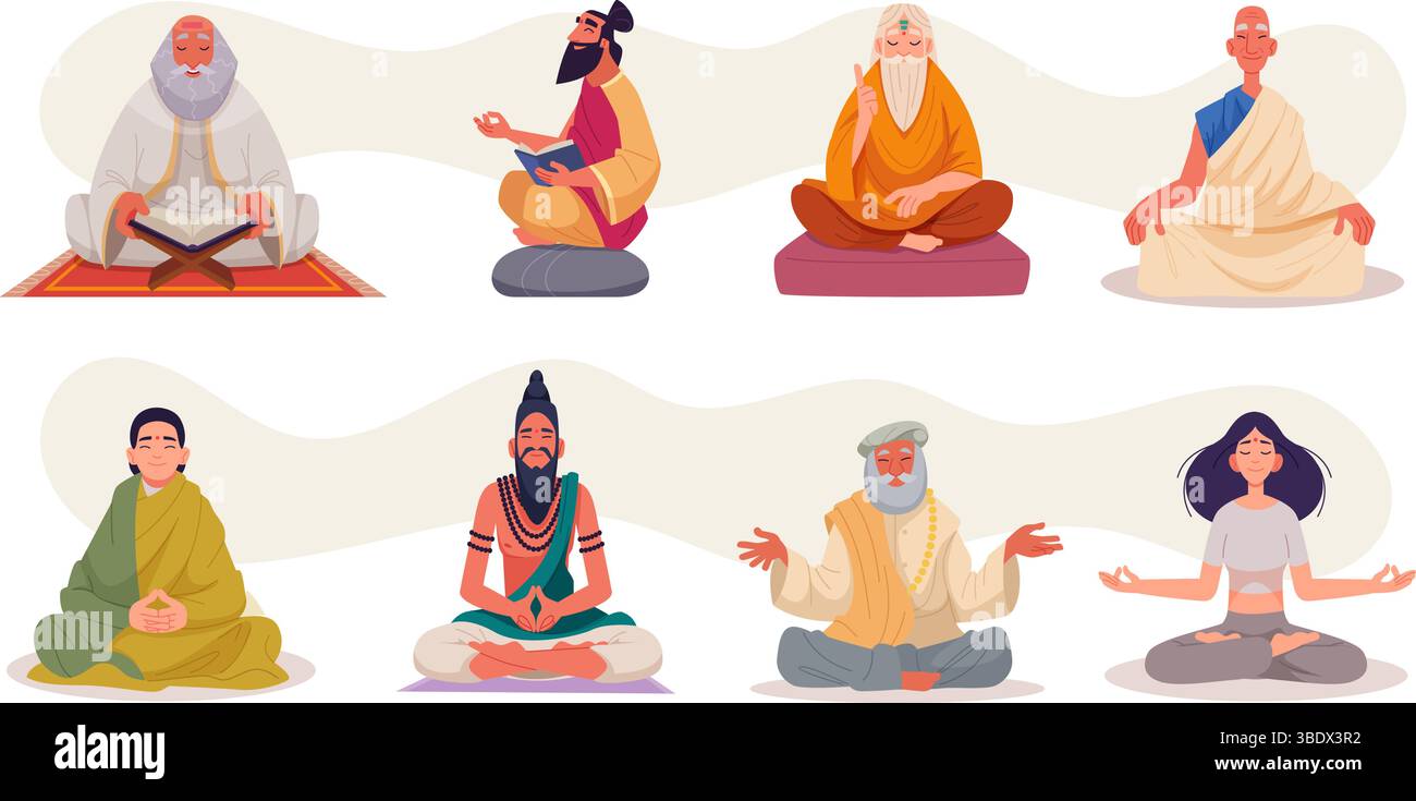 Caratteri Purnima. Gli insegnanti spirituali e i guru sono i mentori vettoriali esatti delle persone Illustrazione Vettoriale