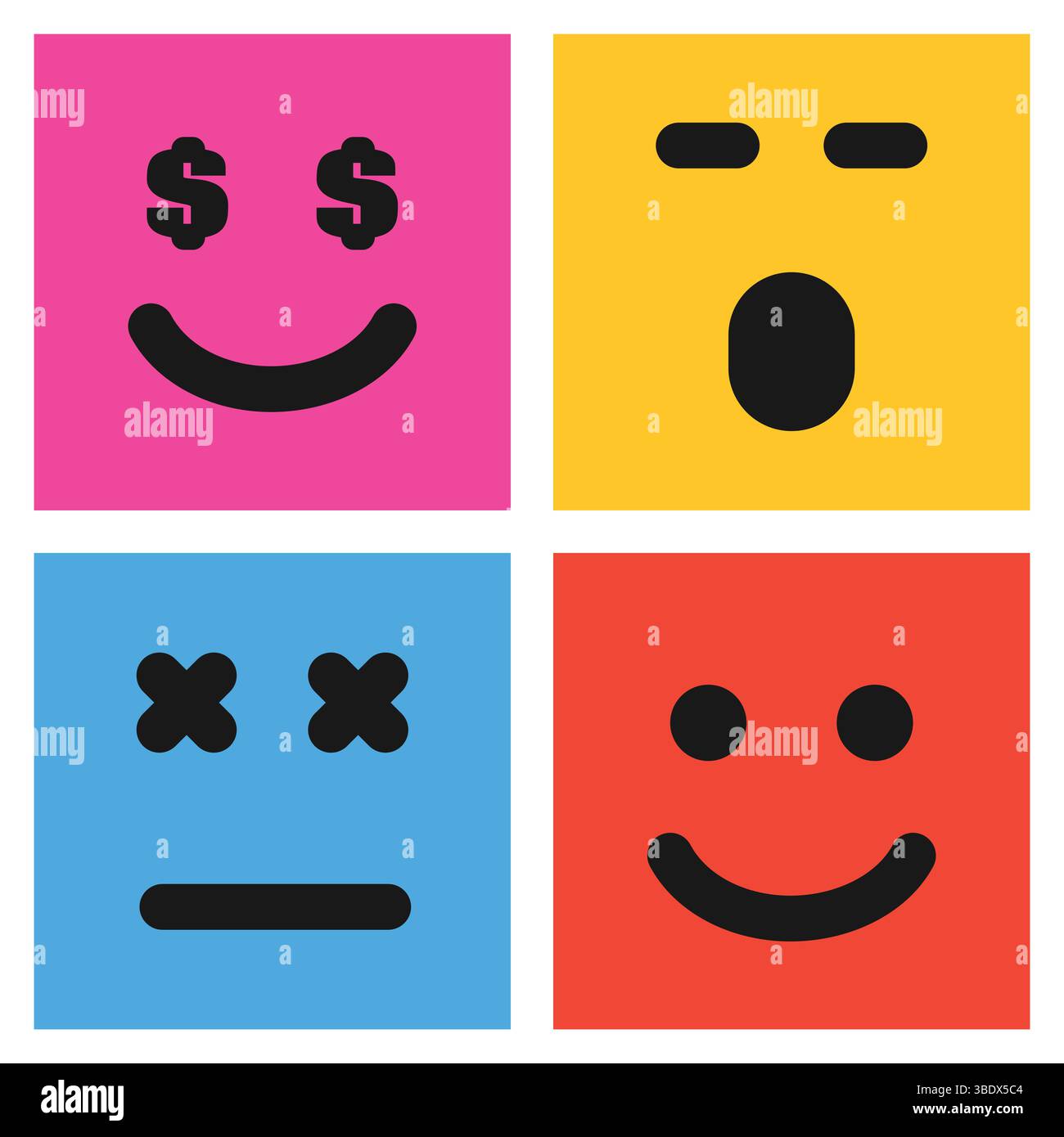 Set di quattro emoticon colorate con volti sorpresi e insoddisfatti. Icona emoji nel quadrato. Ripetizione di sfondo piatta. Illustrazione vettoriale Illustrazione Vettoriale