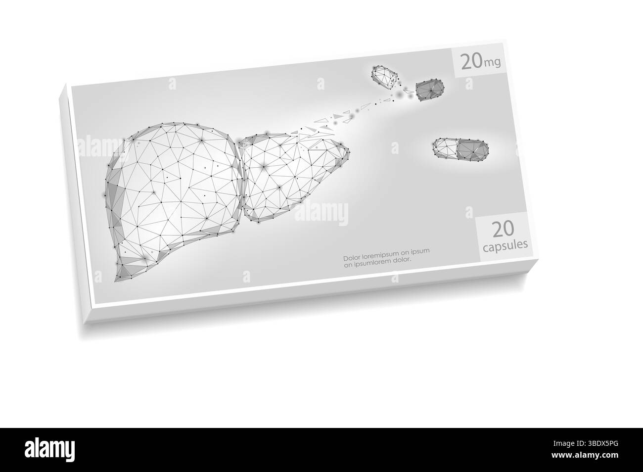Scatola delle pillole con illustrazione del fegato. Struttura terapeutica del rimedio della medicina poligonale. Sanità farmacia malattie epatiche farmacologia art. Sfondo bianco basso Illustrazione Vettoriale