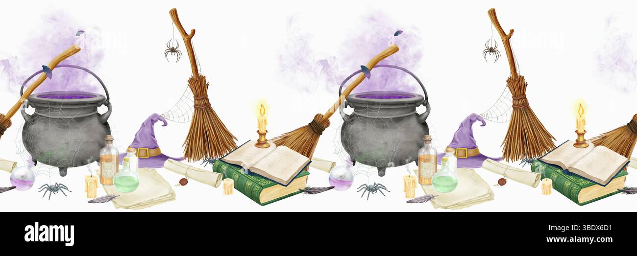 Calderone di pozione bollente e scopa della strega, pila di libri e fiale, accanto al ragno in una ragnatela. Illustrazione acquerello. Rotolo antico e strega h Foto Stock