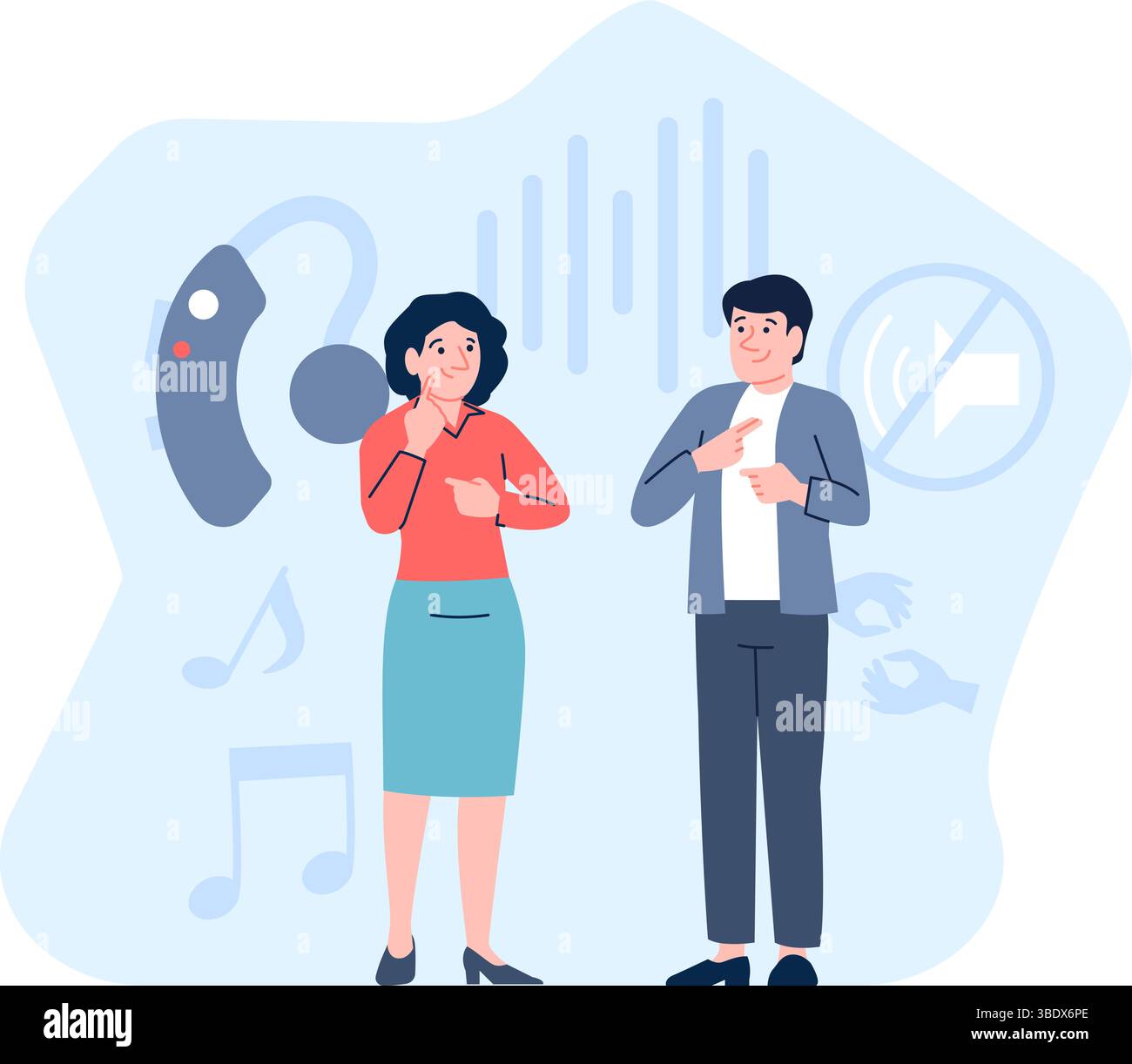 Coppia sorda che parla. L'uomo parla con la donna nel linguaggio dei segni. Comunicazione sociale e dialogo inclusivo. Scena vettoriale recente dei personaggi non udenti Illustrazione Vettoriale
