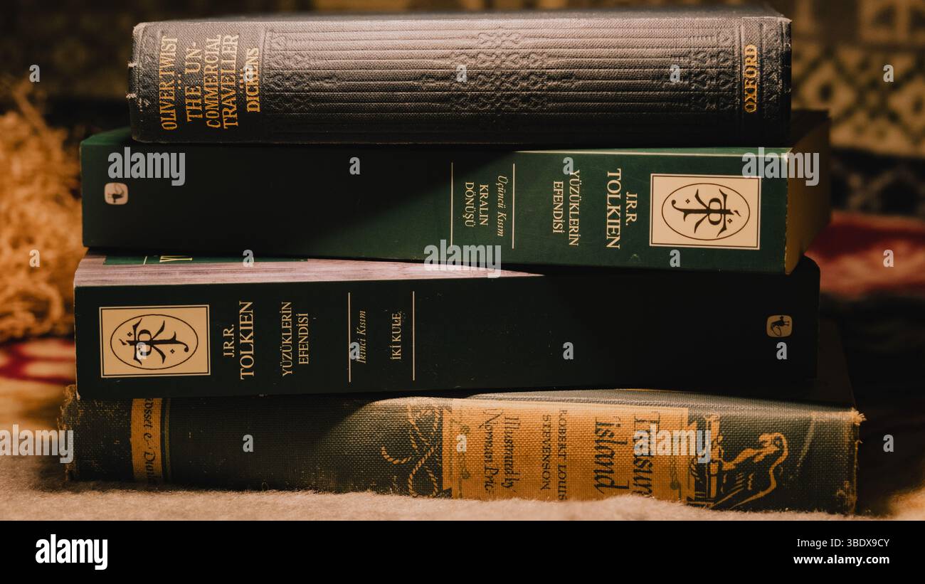 Una pila di classici libri di letteratura antica con vista sulla schiena in un'atmosfera vintage Foto Stock