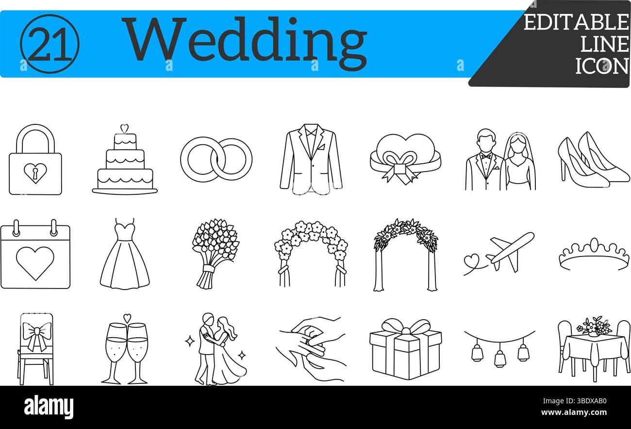 Icone di matrimonio in stile linea modificabili – simboli vettoriali per amore, matrimonio ed eventi Illustrazione Vettoriale
