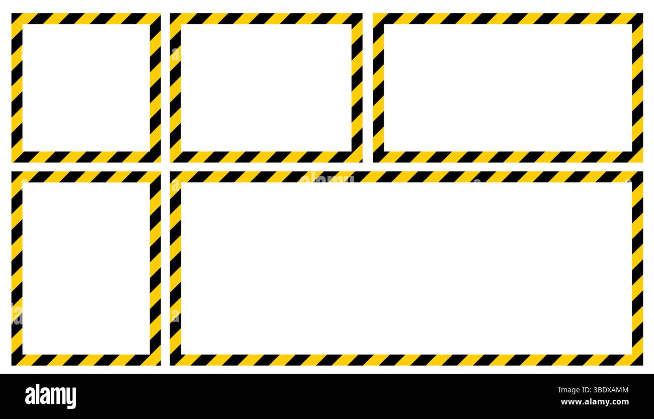 Set di telai di segnalazione per la polizia con strisce gialle e nere. Design piatto classico, ideale per la sicurezza, la scena del crimine, il pericolo o la costruzione Illustrazione Vettoriale