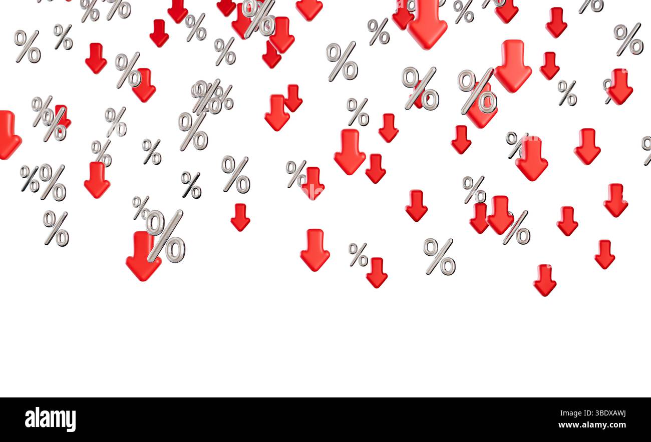 Le frecce rosse e i segni di percentuale metallici cadono su sfondo bianco. Buoni sconti, vendite. Il prezzo scende. Intestazione, rendering 3D. Foto Stock