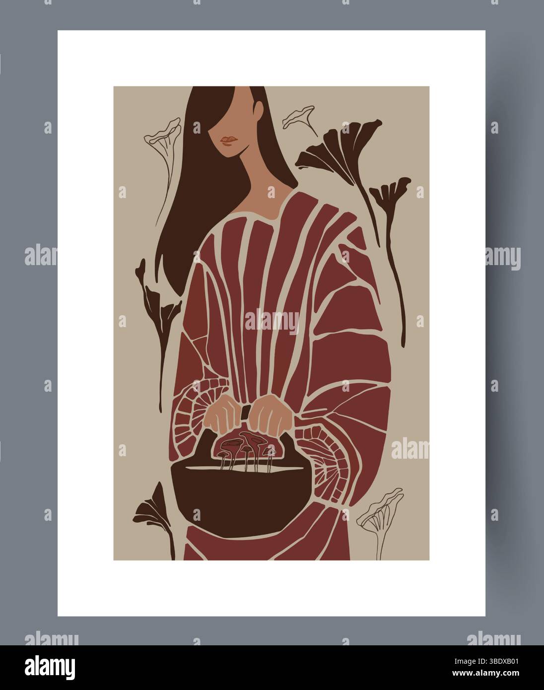 Una donna con un abbigliamento tradizionale tiene una pentola di erbe, mettendo in risalto le sue radici culturali e il suo benessere Illustrazione Vettoriale