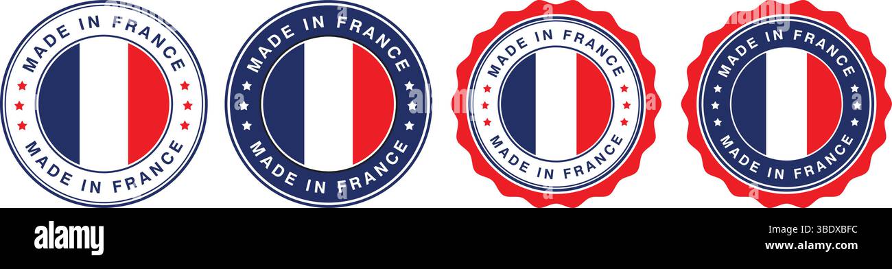 stemmi rotondi con bandiera francese e testo made in france in rosso, blu e bianco per le etichette di origine dei prodotti Illustrazione Vettoriale