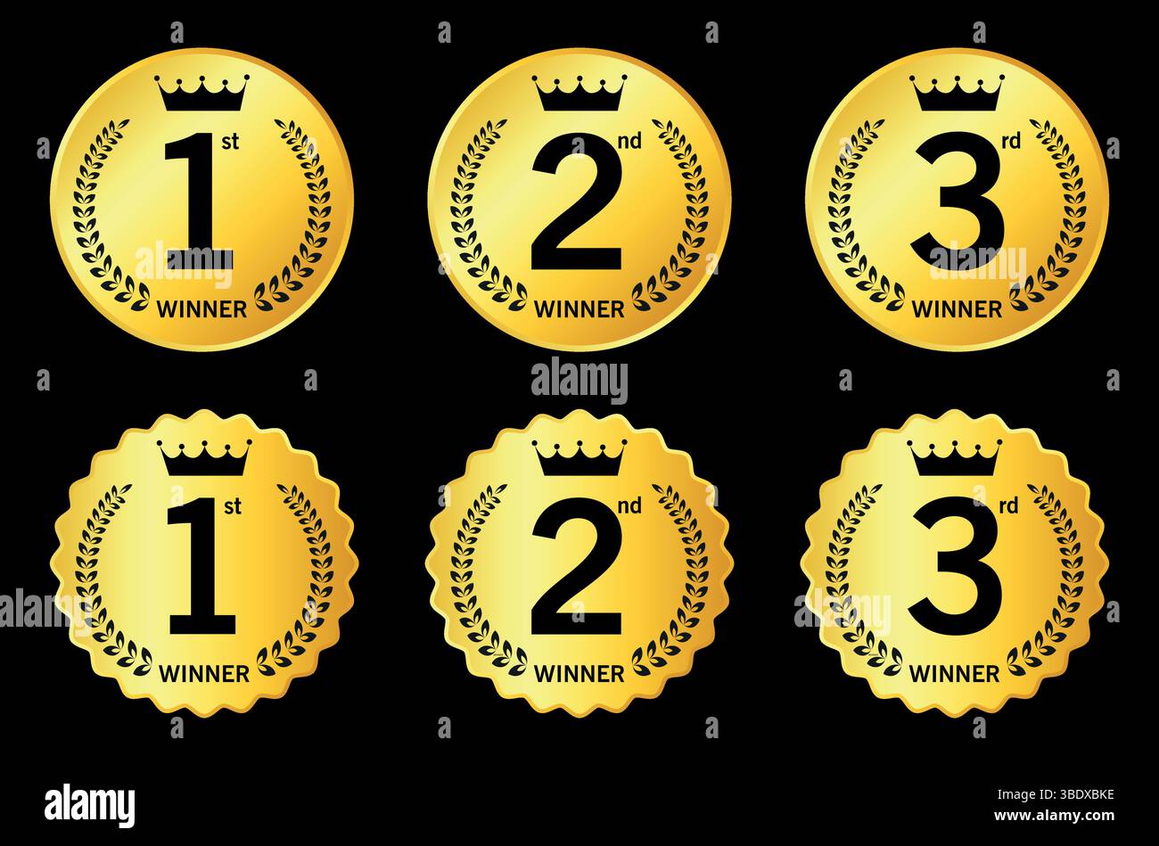 distintivi del vincitore gold con numeri e corone del 1°, 2° e 3° posto utilizzati per la classifica, i premi e i risultati ottenuti Illustrazione Vettoriale