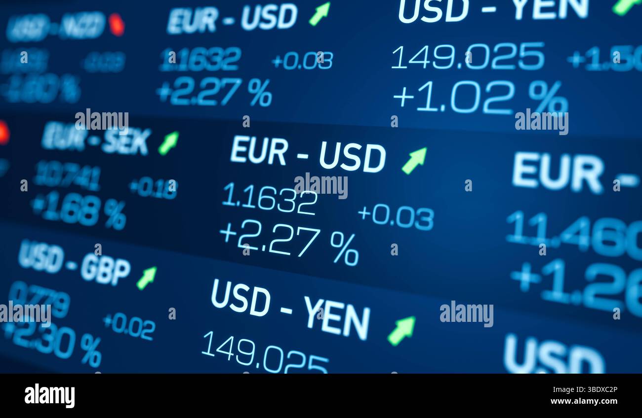 Aumento dell'euro rispetto al dollaro USA, aumento dei tassi di cambio. Aumento dell'euro rispetto al dollaro USA, aumento dei tassi di cambio. Negoziazione, dati, variazioni assolute e percentuale, mercato azionario e borsa valori. Illustrazione 3D img currency 032s04 ticker board Global currencies Foto Stock