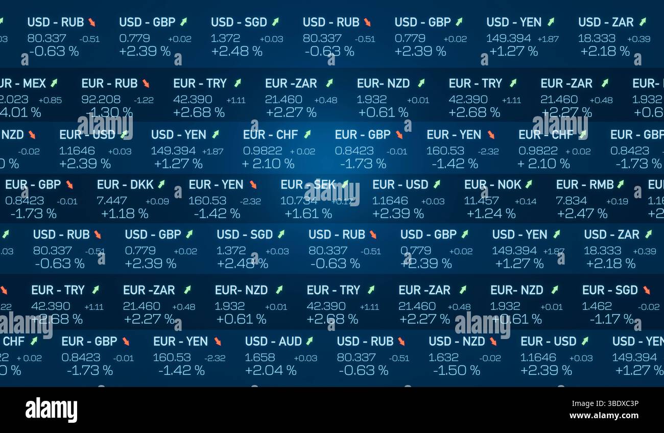 Ticker valutario con tassi di cambio globali in euro e dollari USA. Ticker valutario con tassi di cambio globali in euro e dollari USA. Negoziazione, dati, variazioni assolute e percentuale, mercato azionario e borsa valori. Illustrazione 3D img currency 032s01 ticker board Global currencies Foto Stock