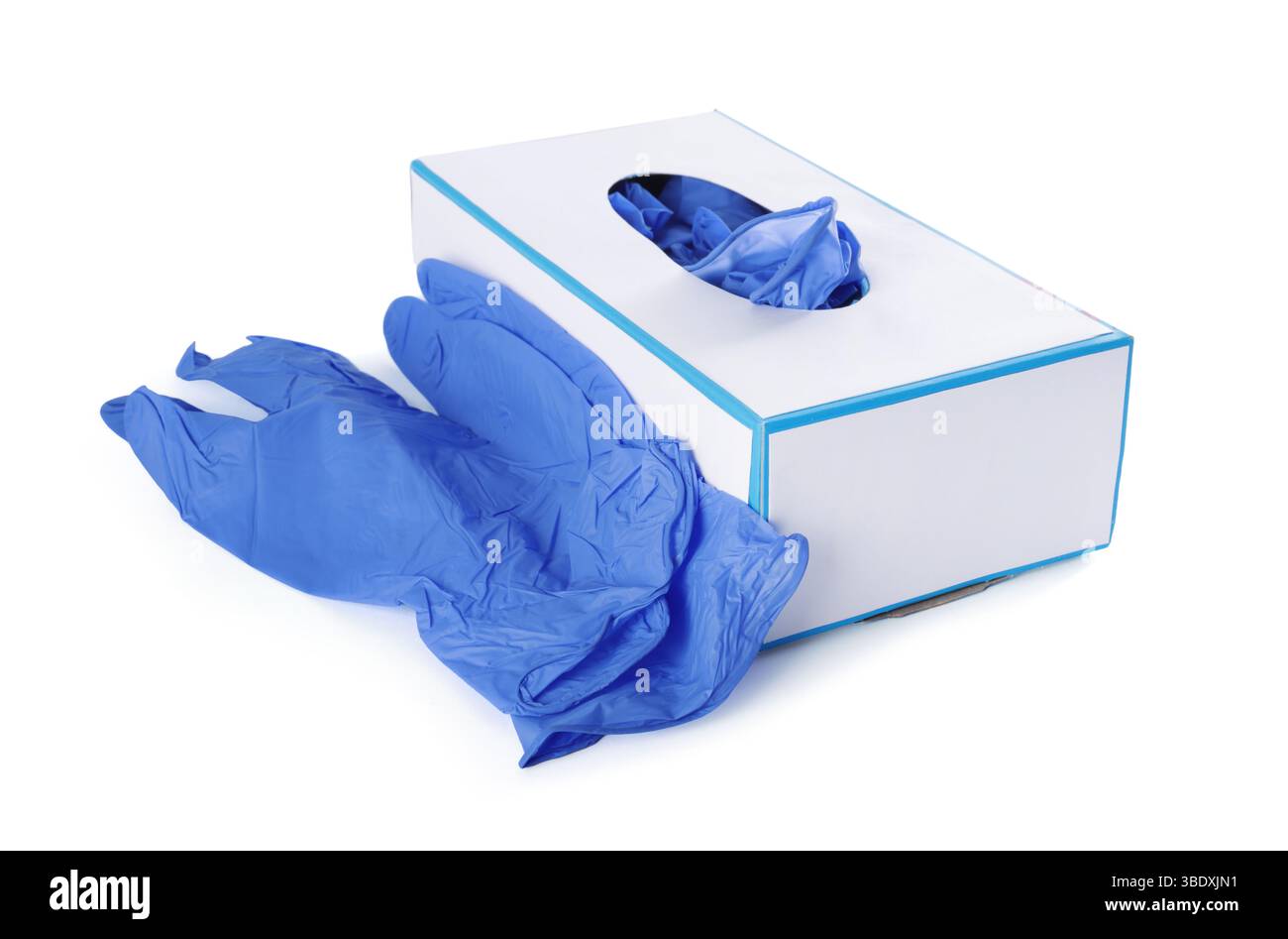Guanti medici blu e scatola isolata su bianco Foto Stock