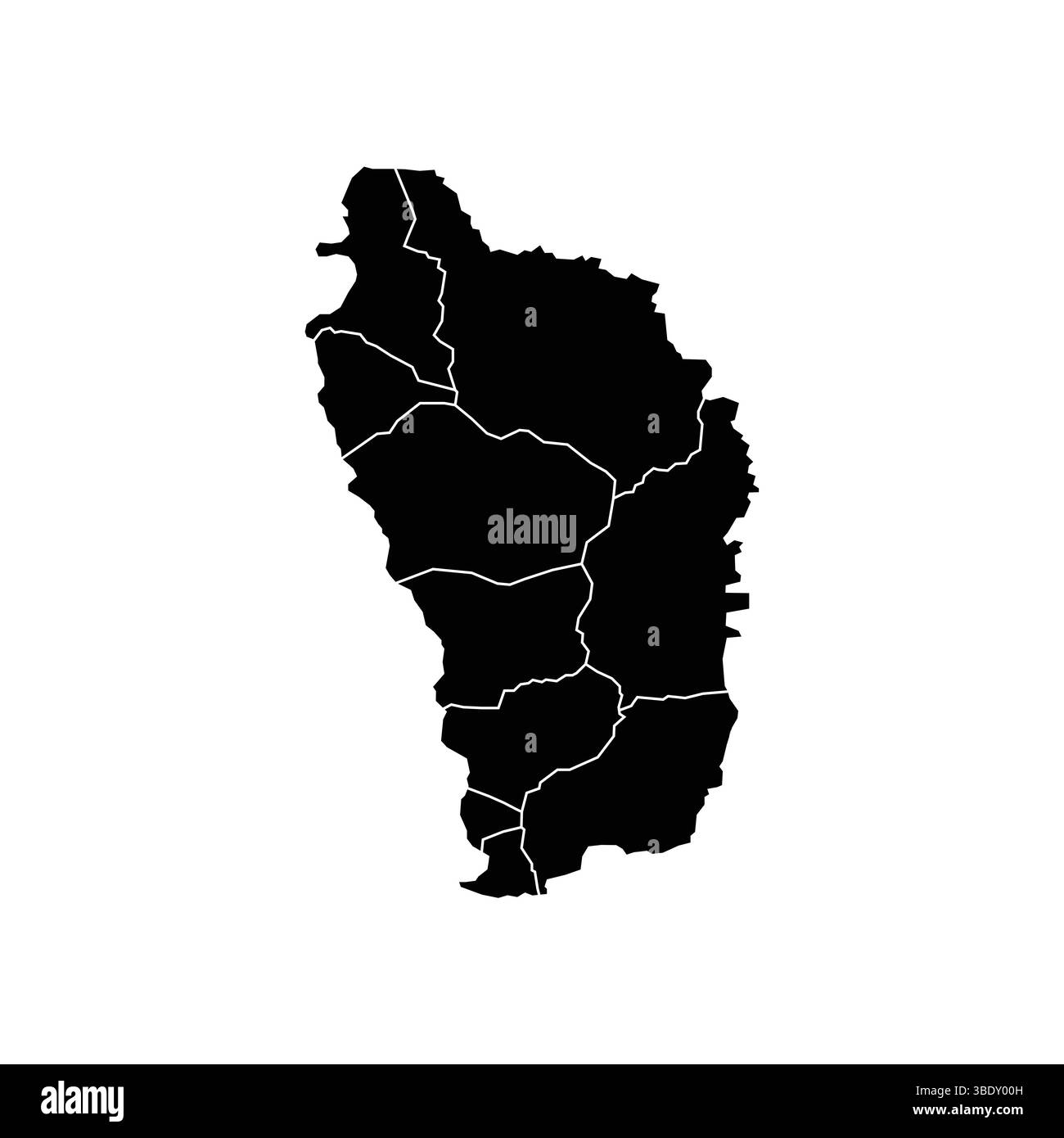 Mappa piatta della Dominica con divisione per regione. Mappa Dominica isolata su sfondo bianco. Illustrazione vettoriale Illustrazione Vettoriale
